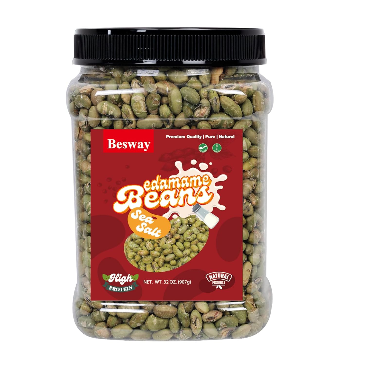 Besway Sea Salt Dry Roasted Edamame 2 lb, High Protein Crunchy Snack, Non-GMO, Vegan, Gluten-Free, Transparent Plastic Jar 907 g