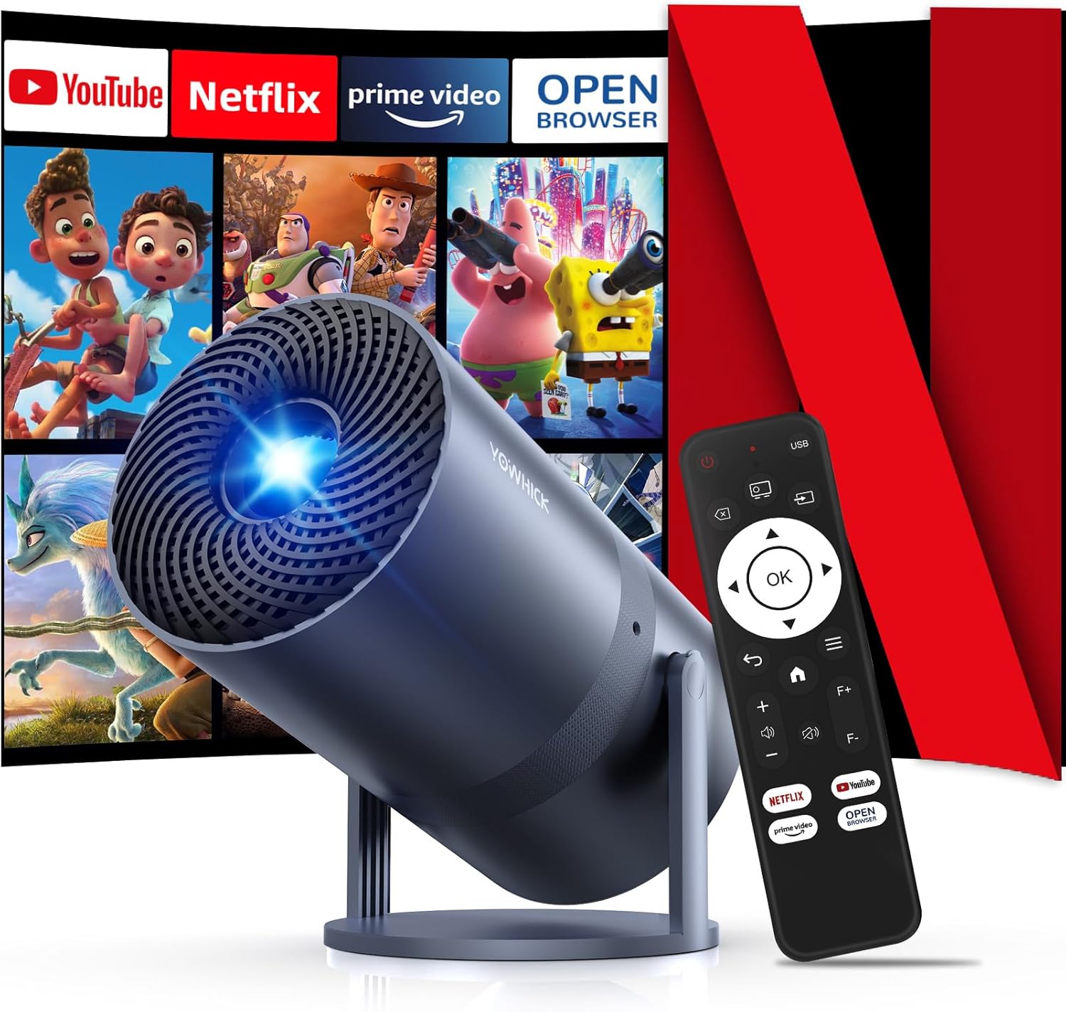 [Netflix Officially/800 ANSI/]Mini Projector with WiFi and Bluetooth - 1080P 4K Support Portable Outdoor Projector,YOWHICK 270°Smart Projector for Movie Night/Ceiling /Home Theater (blue)