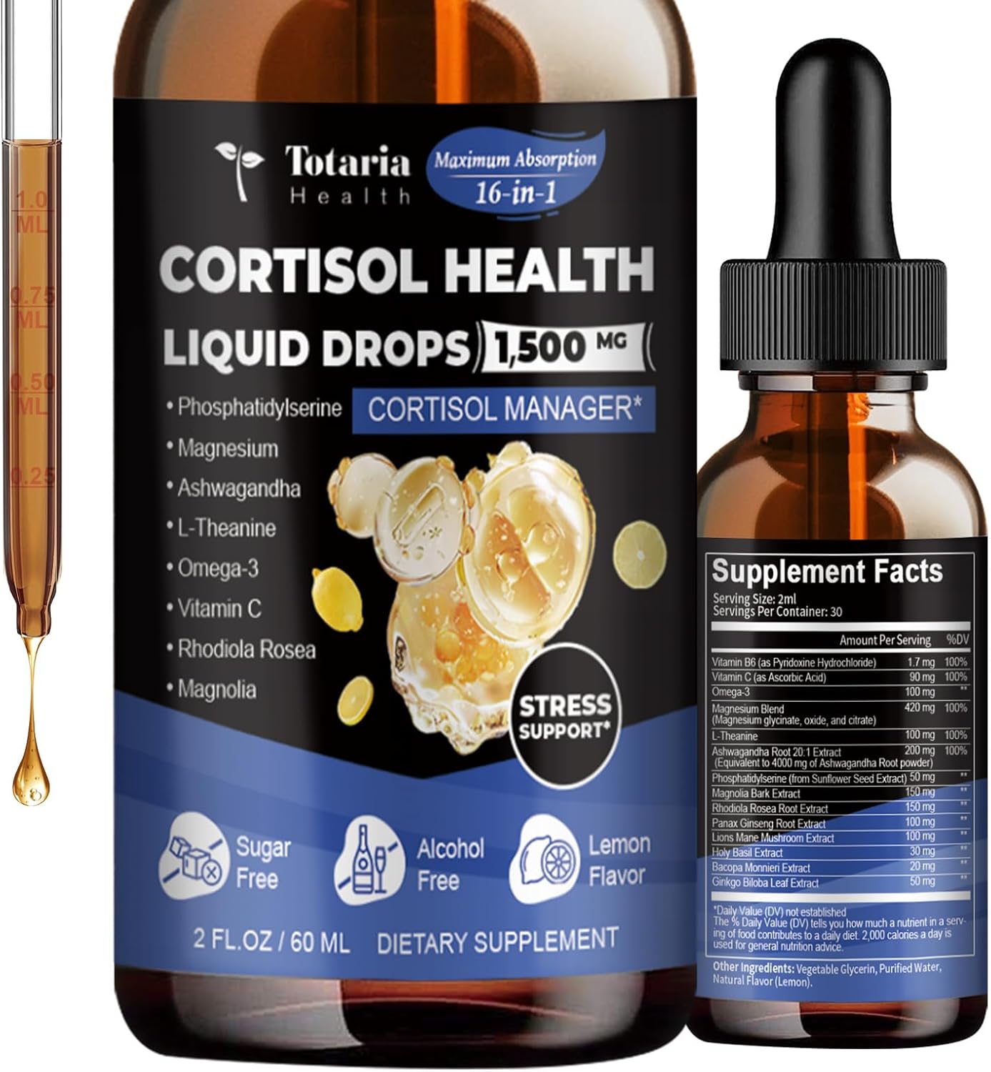 cortisol Supplement Liquid Drops Hormone Balance for Women Men with Magnesium Complex,Ashwagandha,Rhodiola Rosea,L Theanine,Phosphatidylserine Supplements Mood, Focus, Sleep Support 2 FL.OZ
