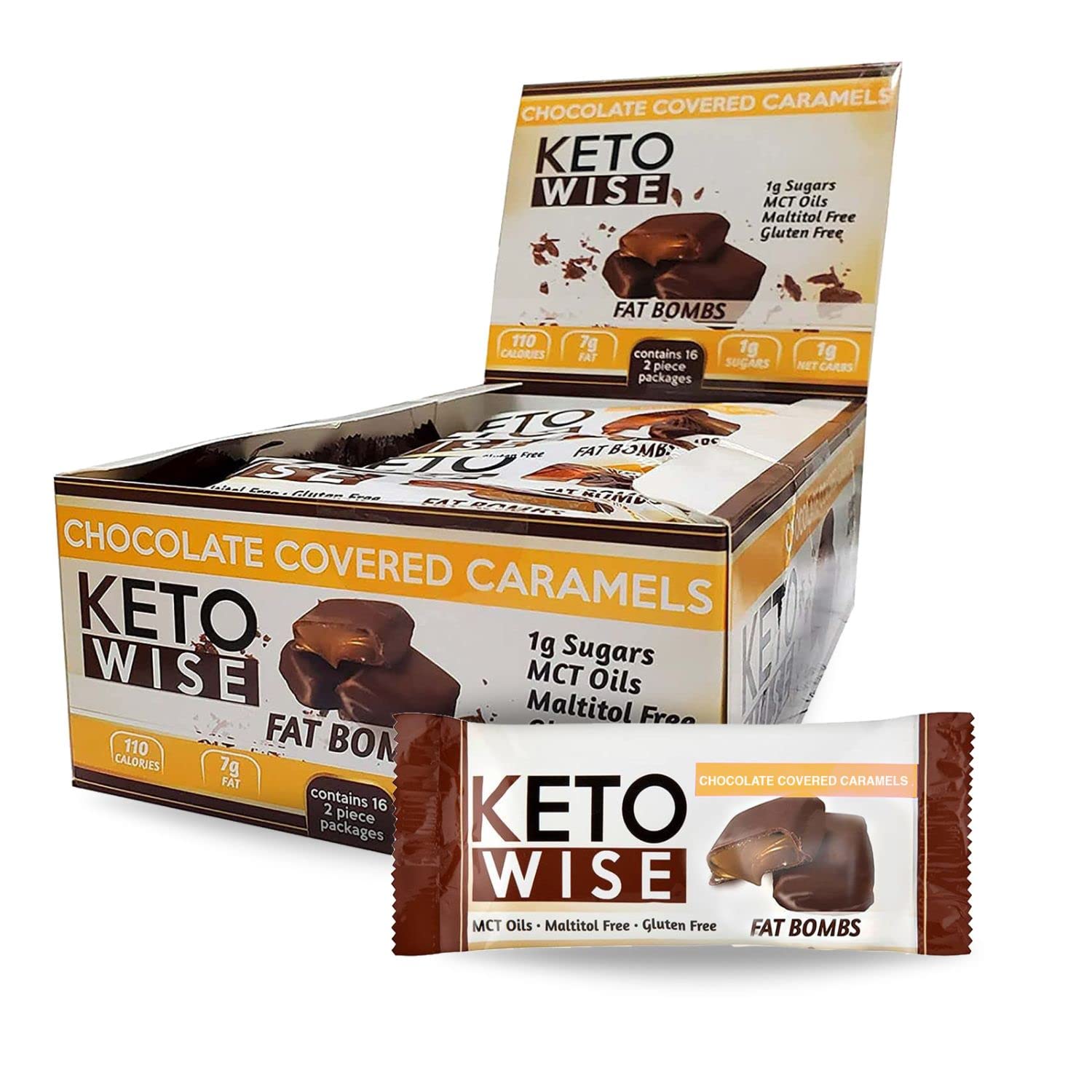 Keto Wise Fat Bombs - Made with Chocolate containing MCT Oil - Low Fat, Low Carb and Keto Friendly Snack - 8g Fat, 2g Net Carbs | Chocolate Covered Caramels, 2 Count (Pack of 16)