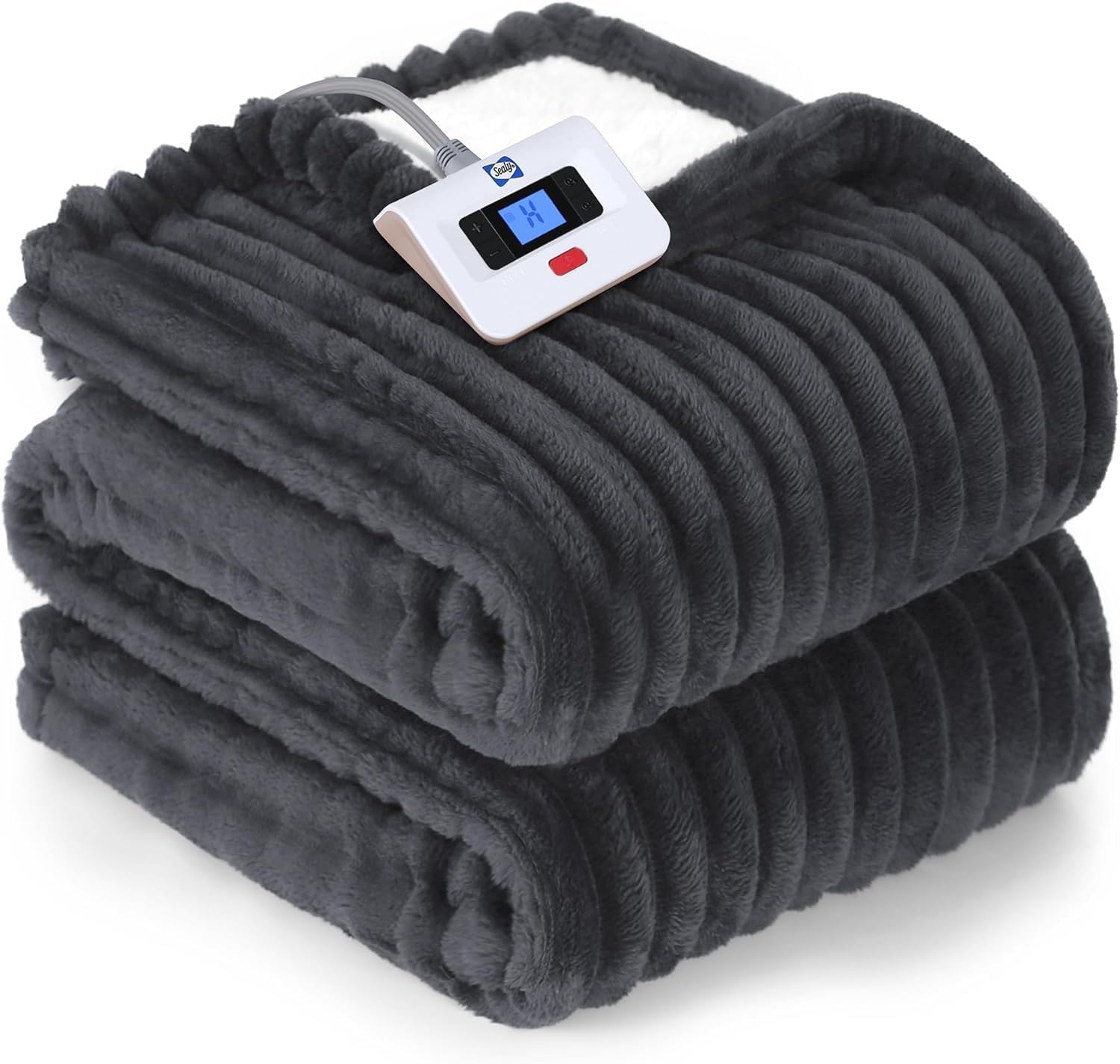 Sealy Electric Blanket Twin Size, Soft Ribbed Flannel to Sherpa Reversible Heated Blanket with 10 Heat Settings & 1 to 12 Hours Auto-Off Overheat Protection Machine Washable, 62"x84" Charcoal