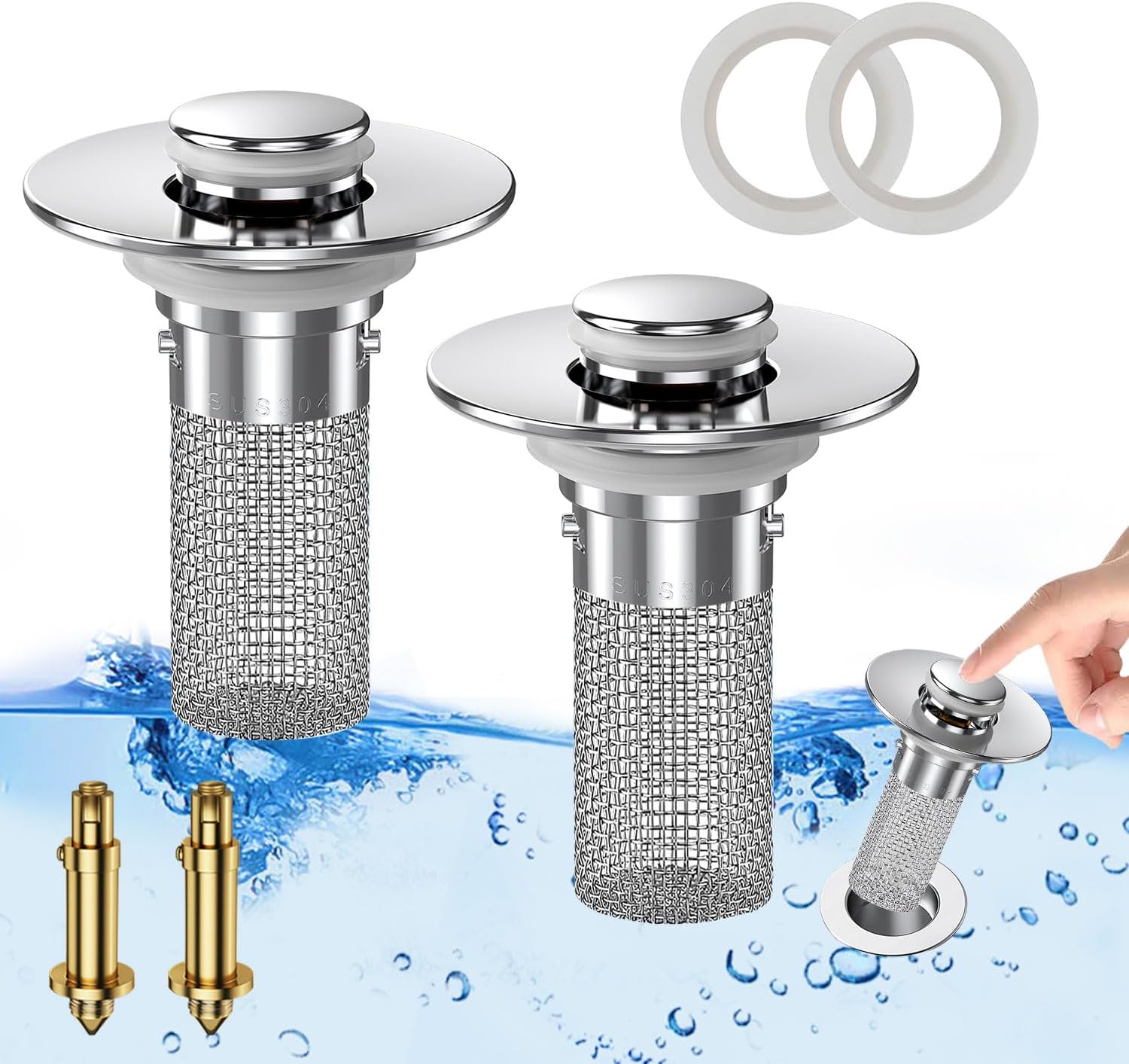 Bathroom Sink Drain Strainer, Pop-up Sink Drain Strainer with Removable Stainless Steel Strainer Basket Hair Catcher, Bathroom Sink Strainer for Bathroom Sink Stopper Replacement.(2PCS)