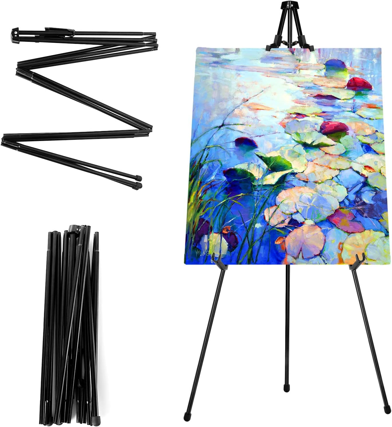 ASelected Display Easel Stand for Wedding Sign, Portable Folding Easel Floor Art Easel, Adjustable 160cm Tall Metal Poster Easel, Collapsible Tripod Easel, with Adjustable Plastic Clips, Black