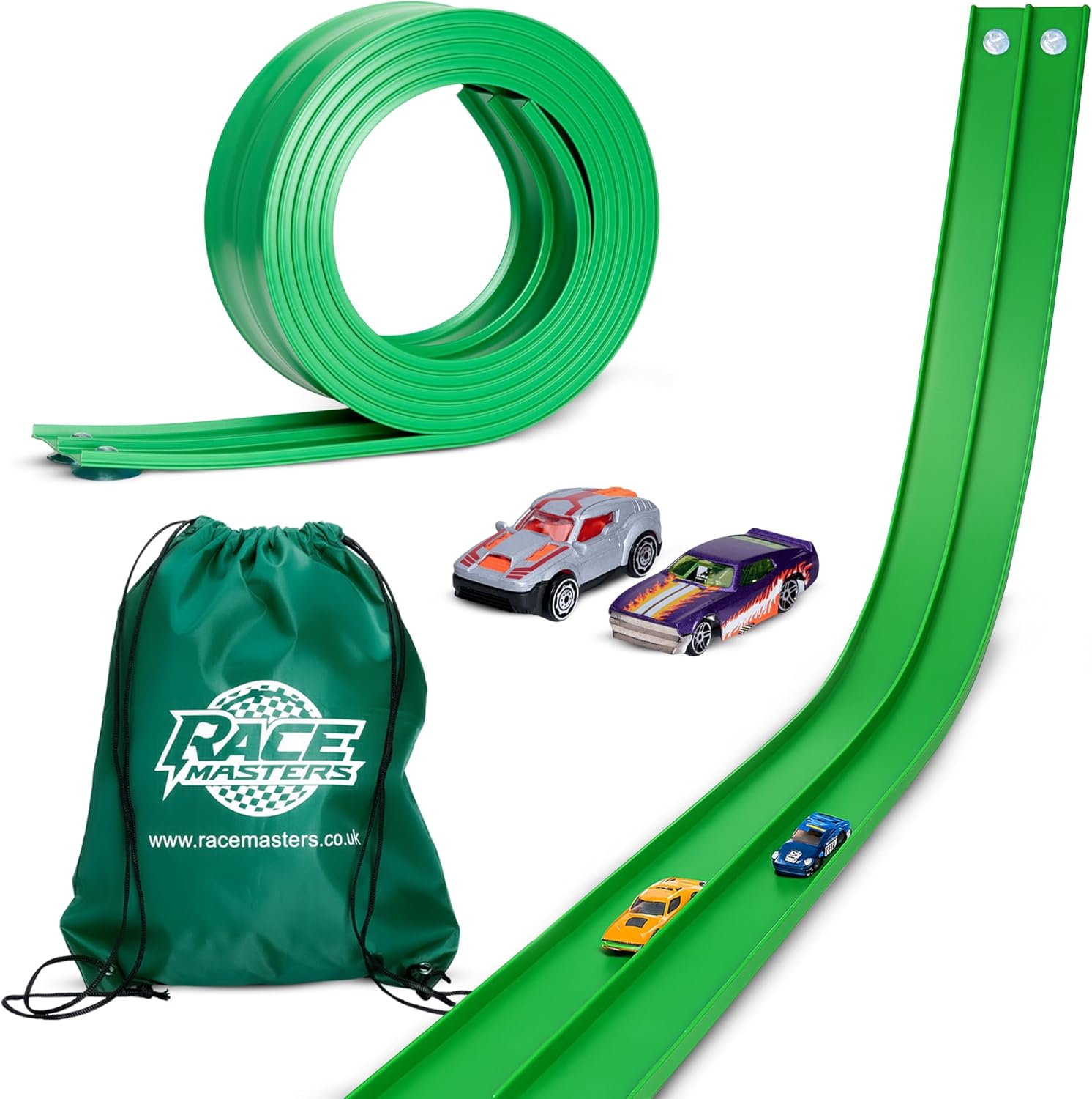 FlexiTrack – 5m Flexible Two-Lane Die-Cast Car Track Toy | Includes 2 Race Cars & Storage Bag | Mounts on Windows, Doors & Walls | STEM Toy for 3+ Year Old Kids | Tool-Free Setup | Made in the UK