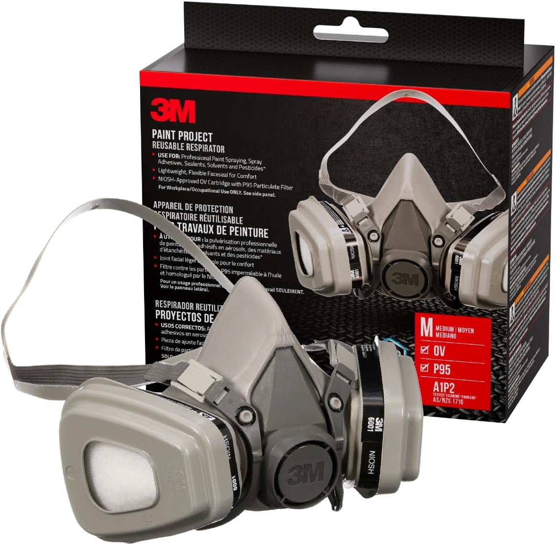 3M P95/OV Paint Project Reusable Respirator 6211, Medium Size, NIOSH-APPROVED Organic Vapor Cartridge & P95 Rated Filters, Lightweight, Flexible, Thermoplastic Faceseal For Comfort (6211P1-DC)