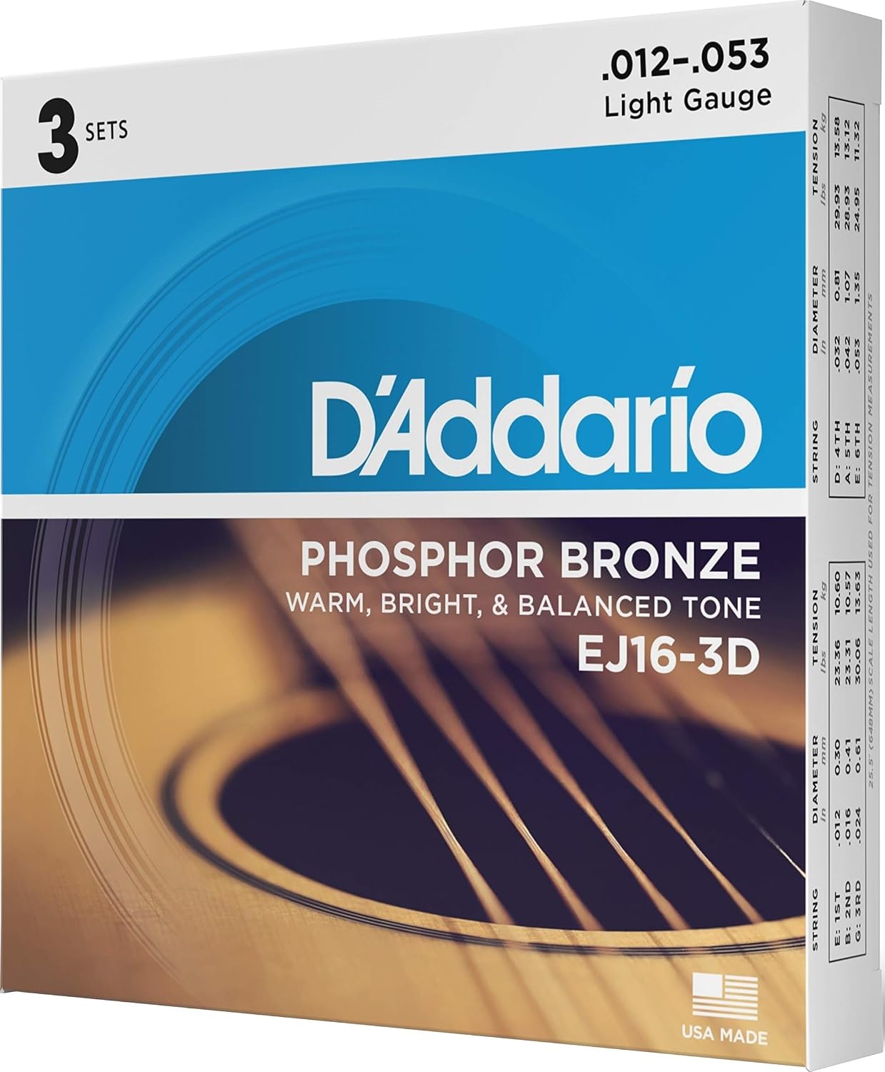 D'Addario Guitar Strings - Phosphor Bronze Acoustic Guitar Strings - EJ16-3D - Rich, Full Tonal Spectrum - For 6 String Guitars - 12-53 Light, 3-Pack