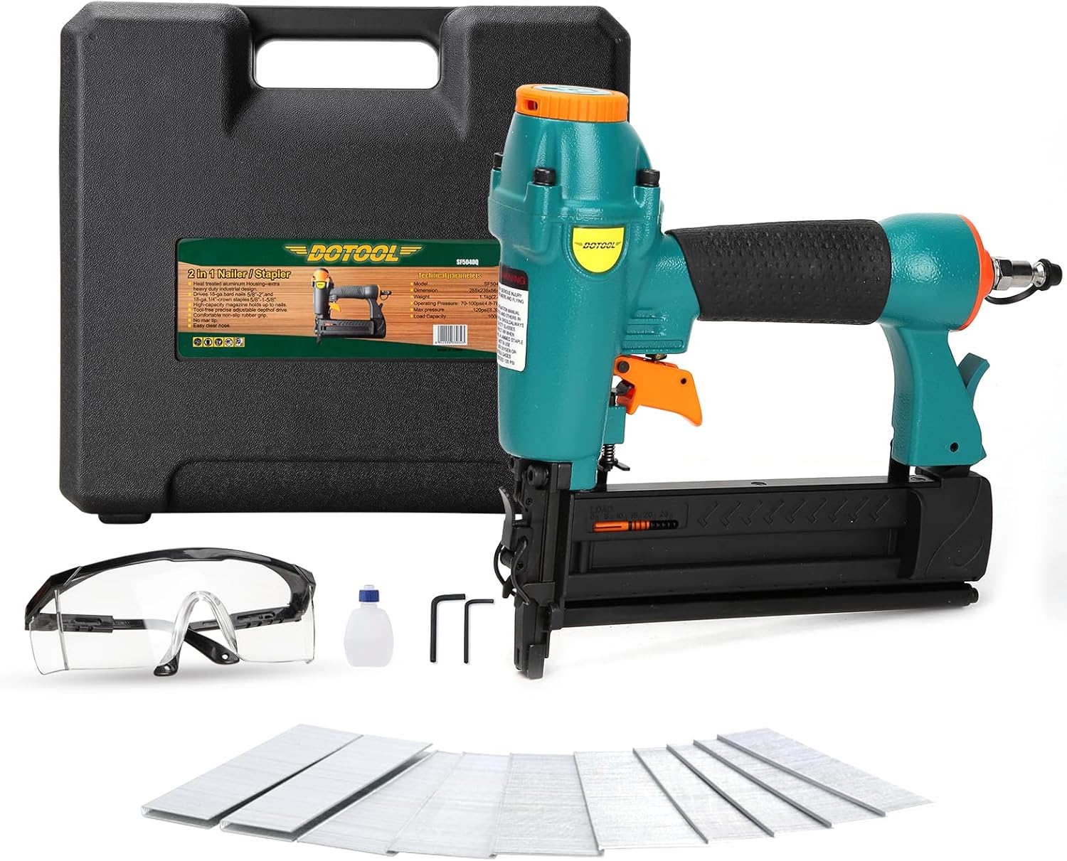 Pneumatic Brad Nailer, 18 Gauge 2-in-1 Nail, 5/8'' to 2'' Brad Nails and 5/8'' to 1-5/8'' Crown Staples, Safety Glasses and and 1000pcs Nails,for Carpentry, DIY,Woodworking