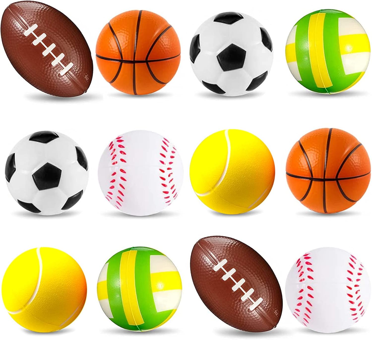 POTWPOT Soft Foam Sponge Sports Balls, 12 Pieces Sponge Balls Squeeze Stress Balls Football Basketball Tennis Baseball Rugby and Volleyball for Kids