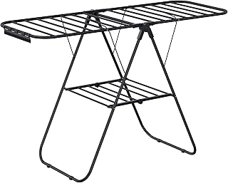 SONGMICS Clothes Drying Rack, with Sock Clips, Metal Laundry Rack, Foldable, Space-Saving, Free-Standing Airer, with Height-Adjustable Gullwings, Indoor Outdoor Use, Black ULLR052B01