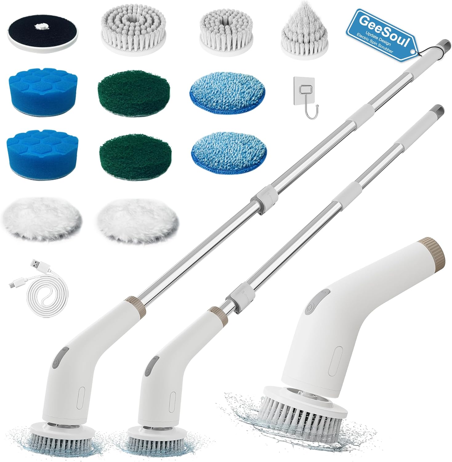 GeeSoul Electric Spin Scrubber, 13 in 1 Electric Cleaning Brush, Large Power with 2 Adjustable Speeds, Shower Cleaner Brush for Bathroom, Tub, Toilet, Kitchen
