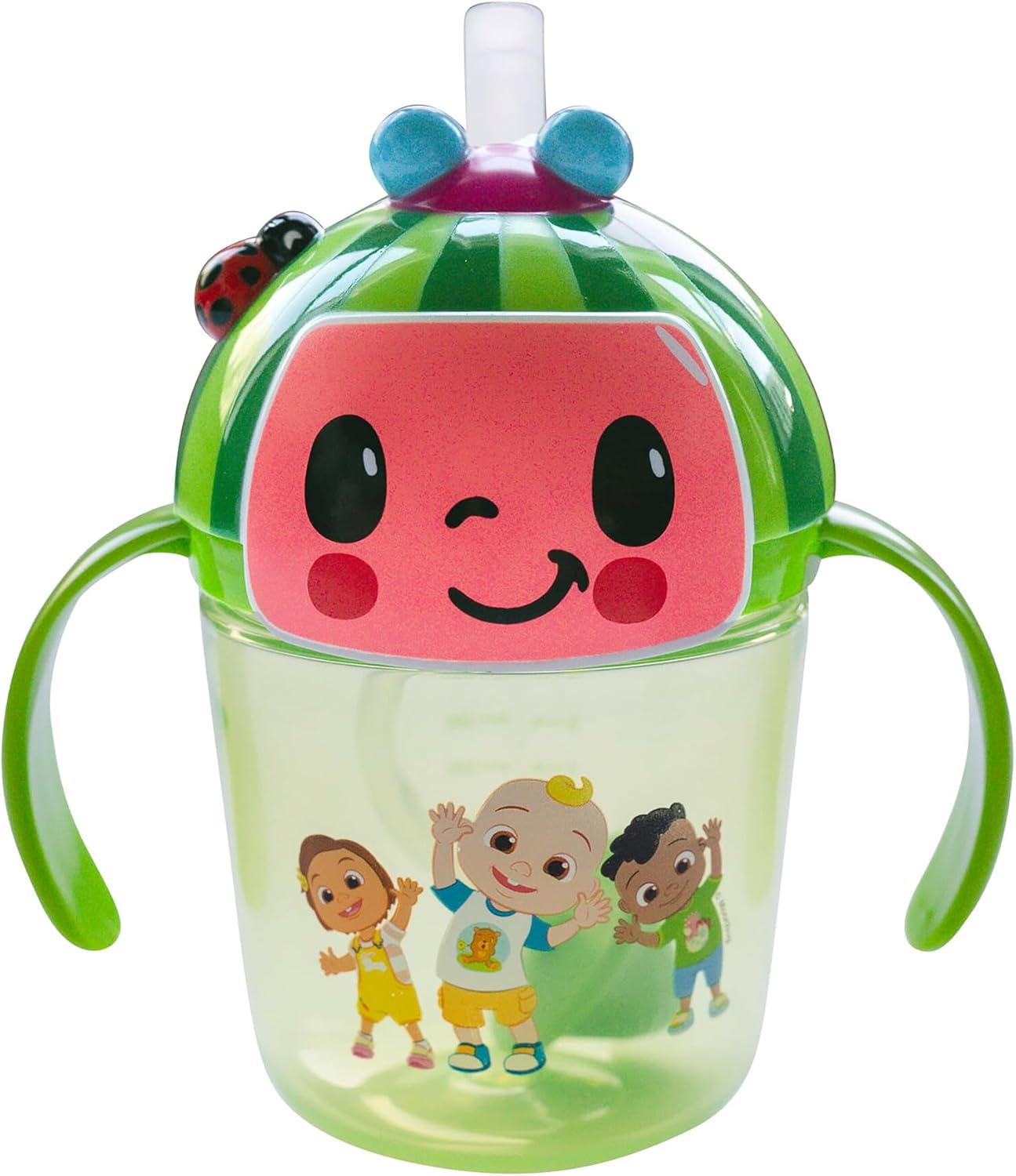 The First Years Cocomelon Weighted Straw Cup - Spill Proof Toddler Straw Cups with Flip Top Cover - Transition Sippy Cups - Toddler Feeding Supplies - 7 Oz - Ages 6 Months and Up