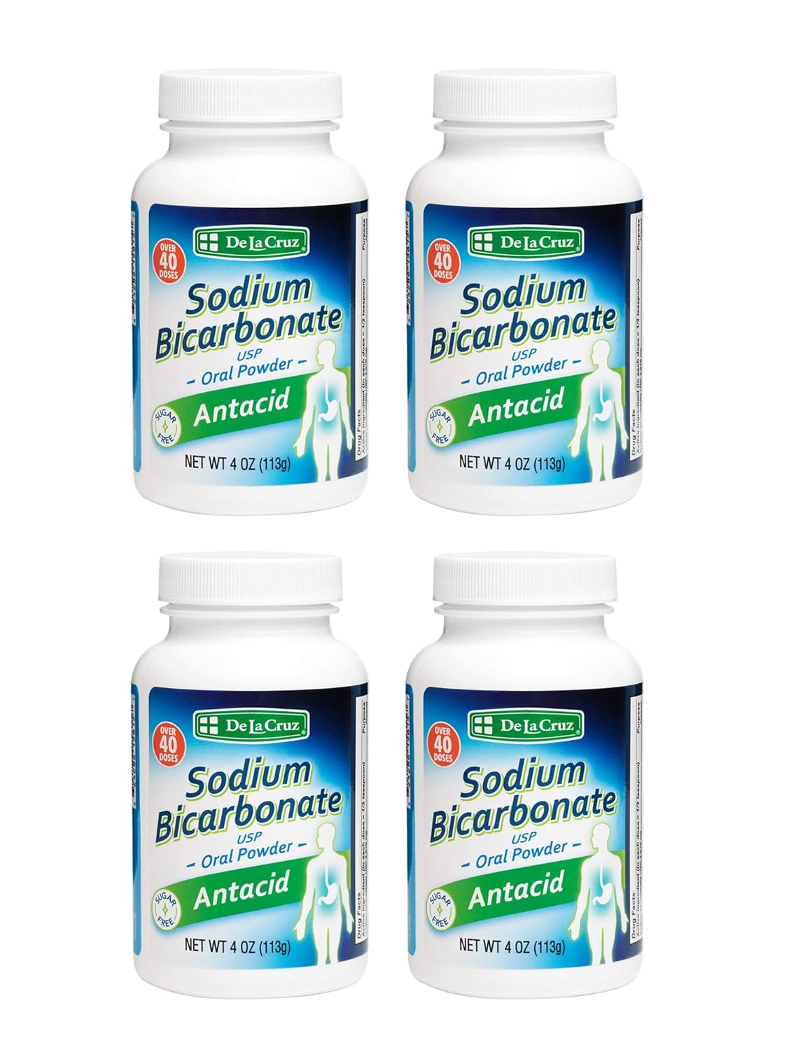 De La Cruz Pure Sodium Bicarbonate - USP Grade Bicarbonate of Soda – 100% Pure Baking Soda – Aluminum Free Antacid Powder for Heartburn & Indigestion - Packed in USA, 4 OZ. (4 Bottles)