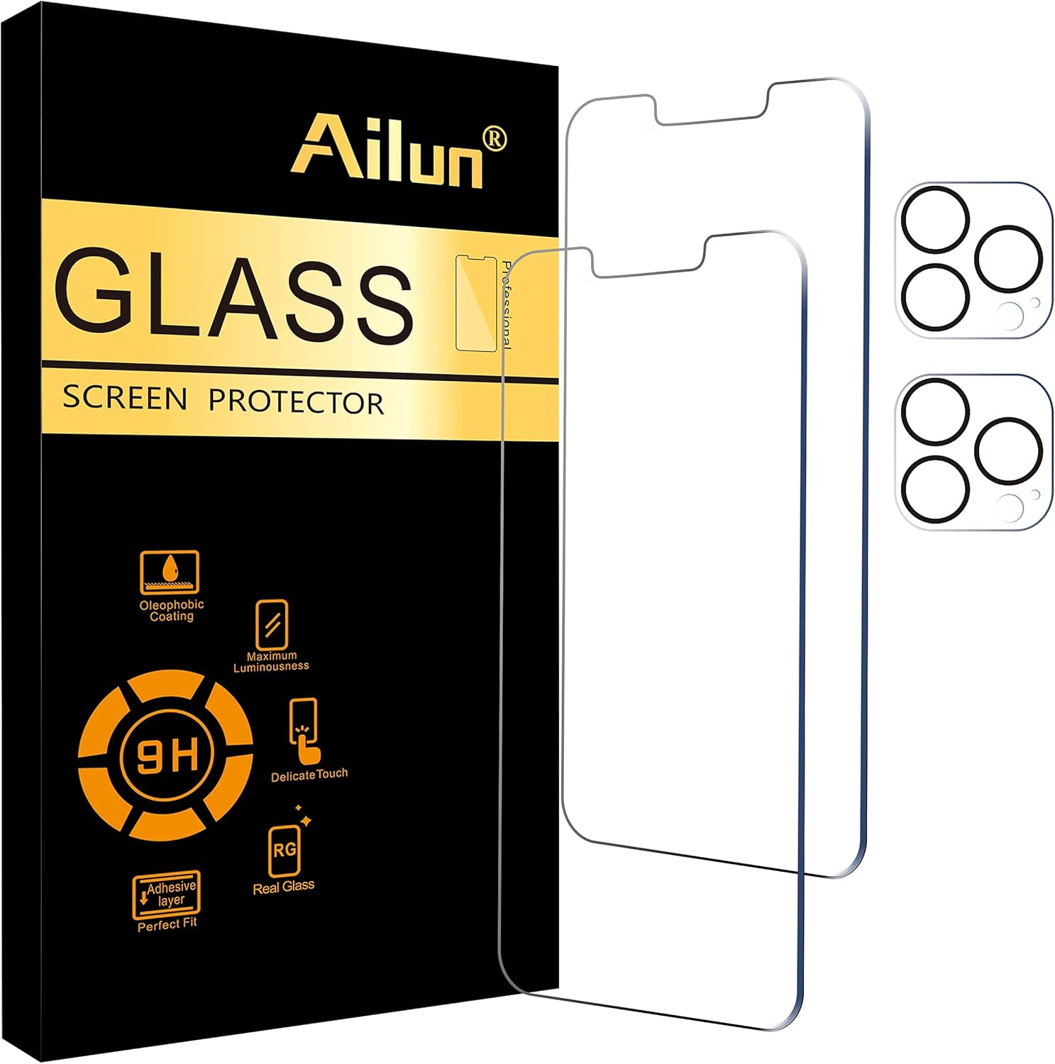 Ailun 2Pack Screen Protector for iPhone 13 Pro [6.1 inch] Display 2021 + 2 Pack Camera Lens Protector, Tempered Glass Film,[9H Hardness] - HD [Not for iPhone 13 Pro Max][4 Pack]