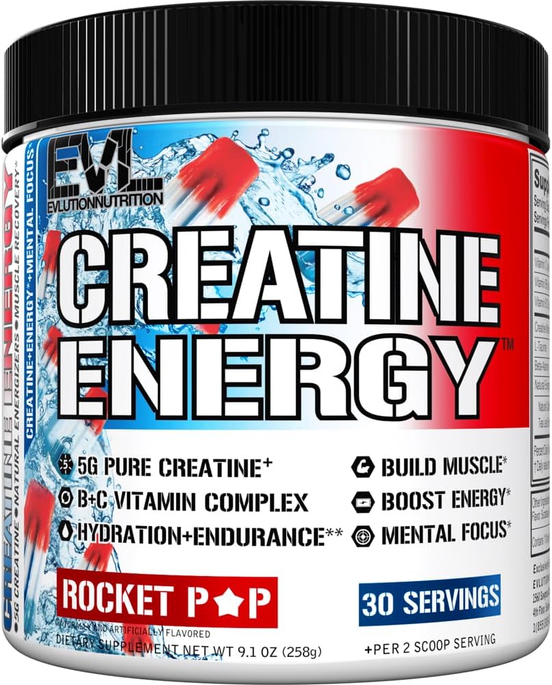 Evlution Nutrition Creatine Energy - Supports Muscle Growth, Boosts Energy, Endurance & Cognition - 5g Pure Creatine Monohydrate Per Serving - B + C Vitamin Complex - 30 Servings - Rocket Pop