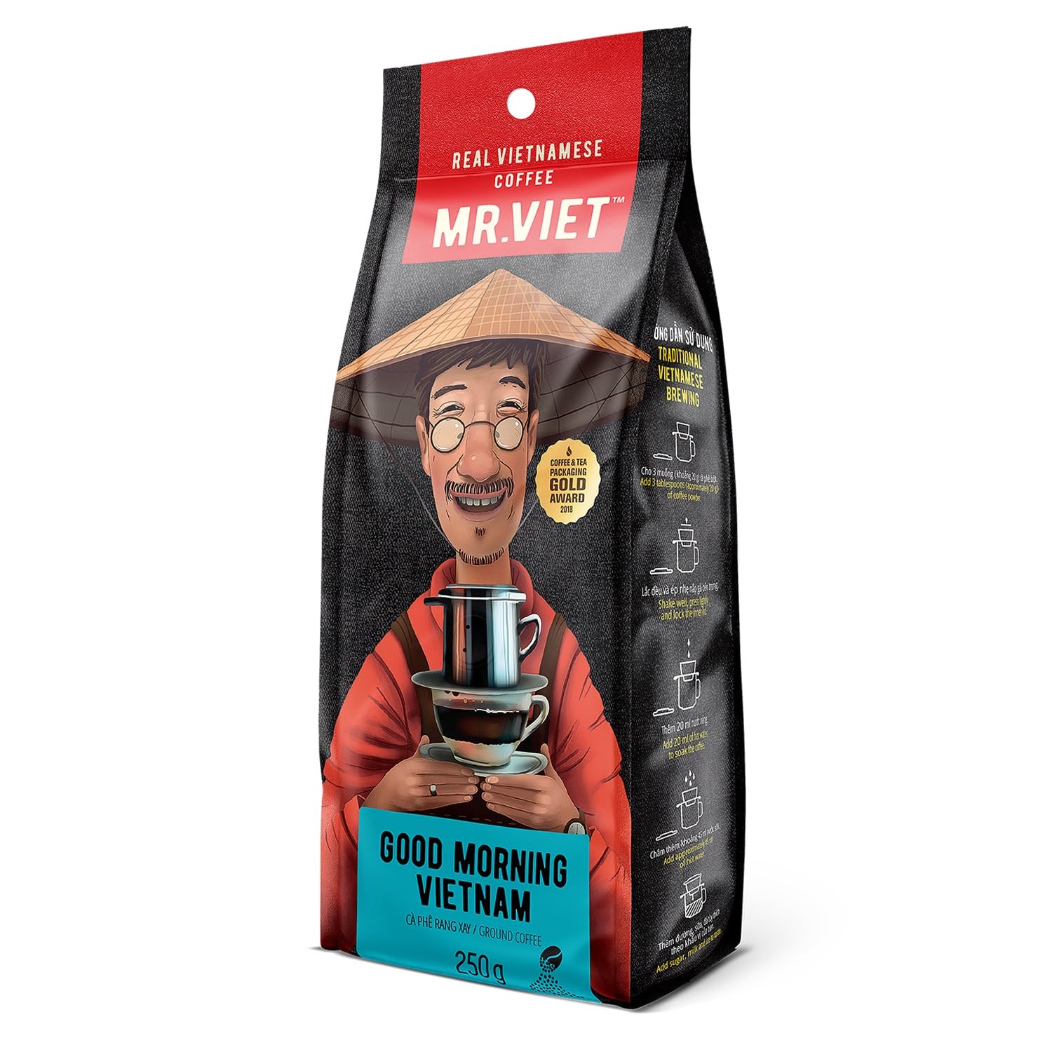 Mr Viet Good Morning Vietnam Ground Coffee | Delivered from Vietnam - Roasted Authentic Vietnamese Strong Blend, Suitable for All Coffee Machines, 250g