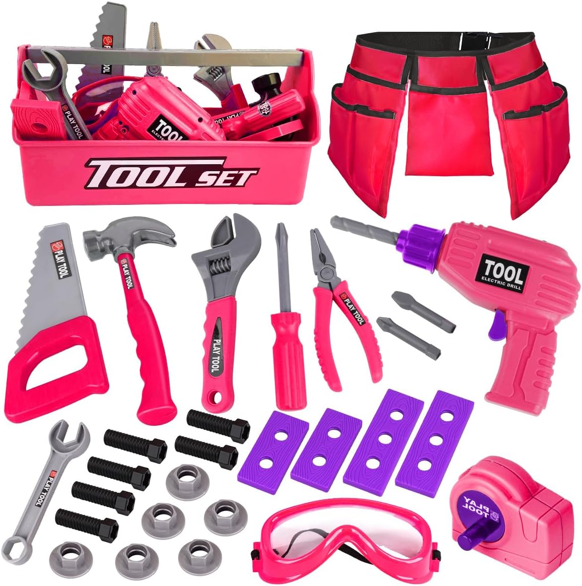 LOYO Kids Tool Set - 30Pcs Pretend Play Tool Toys with Kids Tool Belt, Electric Toy Drill, Construction Tool Box Kit Kids Toys Gift for Girl Boys Age 3 4 5 6 Years Old（Pink）