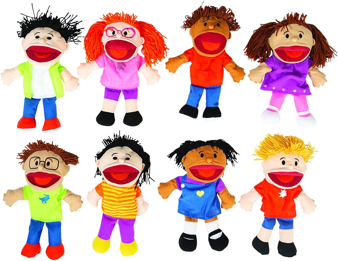 Fun Express 14" Happy Kids Stuffed Hand Puppets with Movable Mouths - 8 Puppets - Multicultural - Great for School and Home