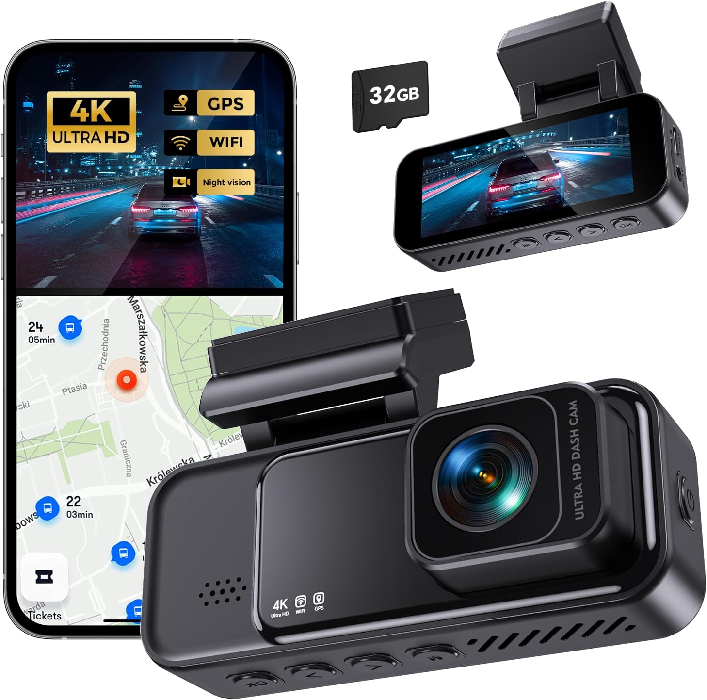 Dash Cam 4K Front, Built-in WiFi GPS Dash Camera for Cars, 3.2" IPS Screen Dashcam with App Control, Free 32G Card, 170°Wide Angle, 24H ParkingMode, WDR, Night Vision, G-Sensor