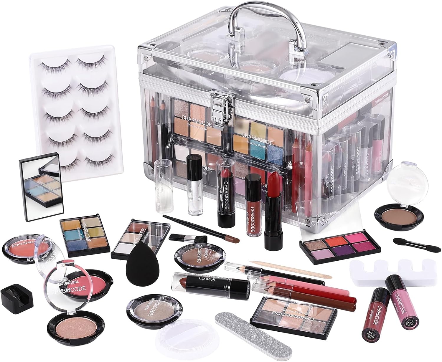 Makeup Kit for Women Full Kit - Eyeshadow Palette, Lipsticks, Lipgloss, Blushes, Contour, Highlighters, Makeup Pencil, False Eyelashes, Re-usable Train Case Gift Set for Teen Girls Starters Pros