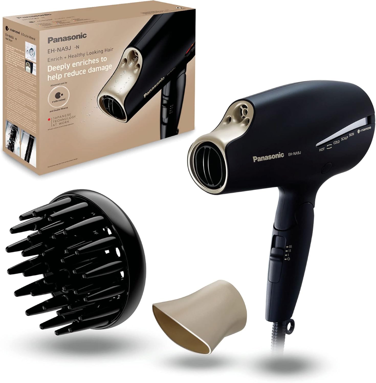 Panasonic EH-NA9J Advanced Folding Hair Dryer with Diffuser, Nanoe & Double Mineral Technology, Gift for Women — Reduces Frizz, Damage and Split Ends