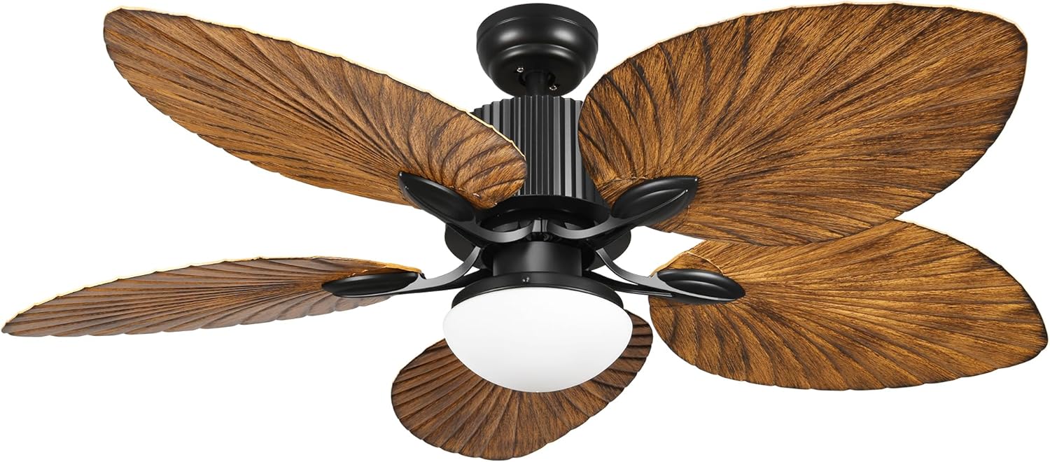 YITAHOME Tropical Ceiling Fan with LED Light and Remote Control 52 Inch Palm Reversible Fan Light with Memory Function 5 Leaf Blades and Balance Clips - Walnut