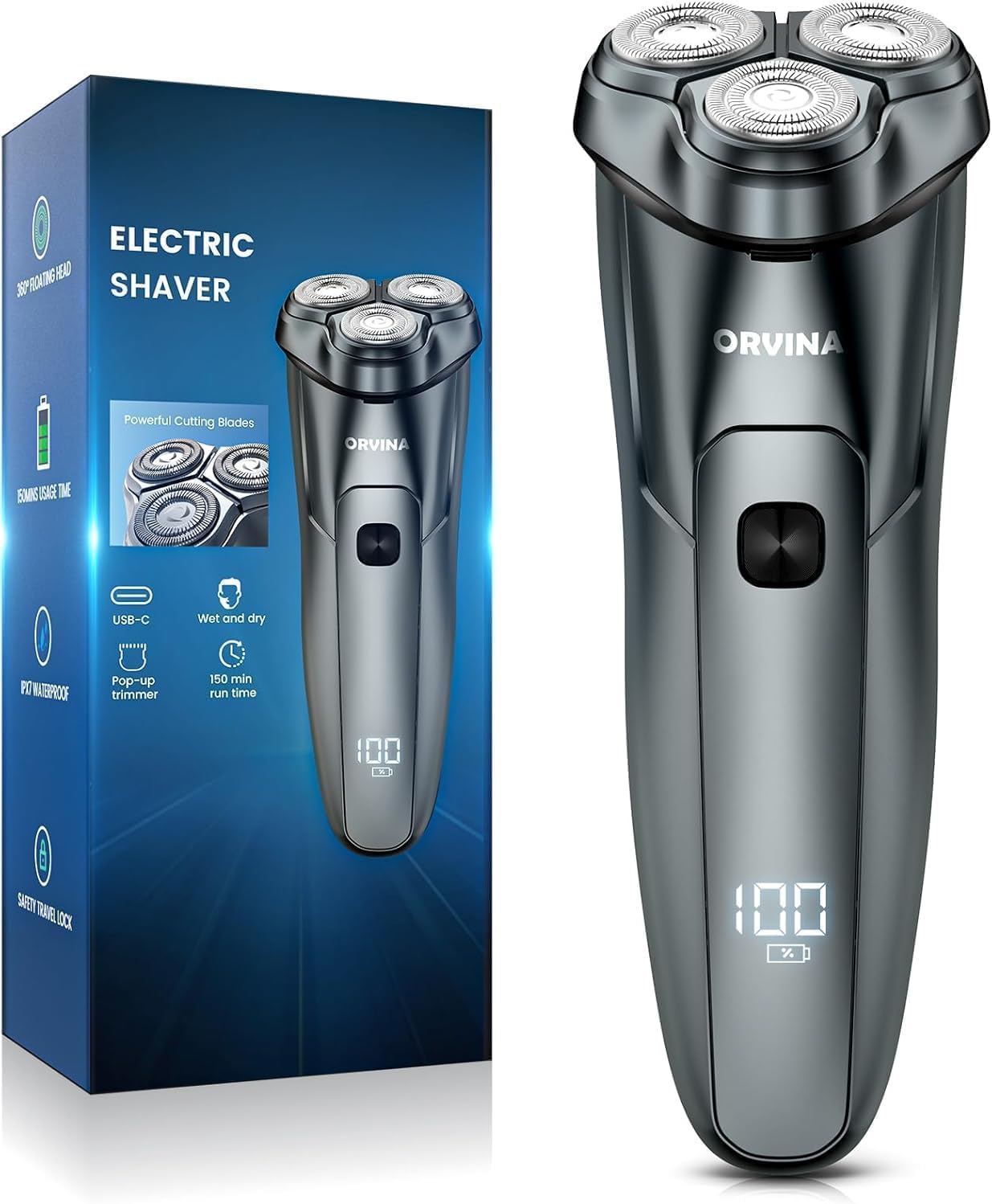 Electric Razor for Men, Men's Electric Shaver, Cordless Rechargeable IPX7 Waterproof Electric Rotary Shavers with Pop-up Trimmer, LED Display and Travel Lock for Face Beard Trimming (Silver)