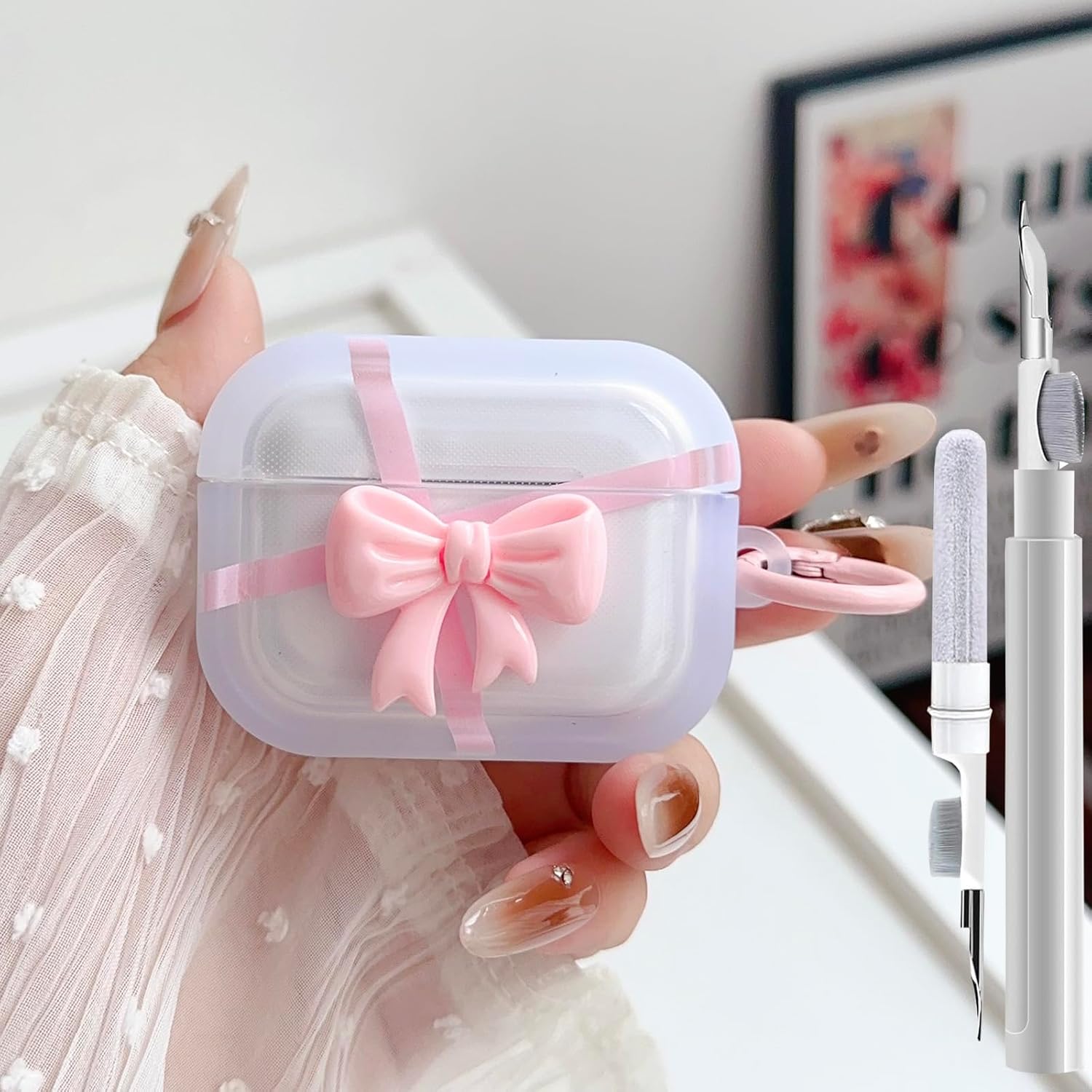 GARTOO Cute AirPods Pro 2nd/1st Generation Clear Case, Girly 3D Bow Design Soft TPU Protective Shockproof Kawaii Apple iPod Pro 2/1 Gen Cover with Cleaner Pen & Keychain Girls Women