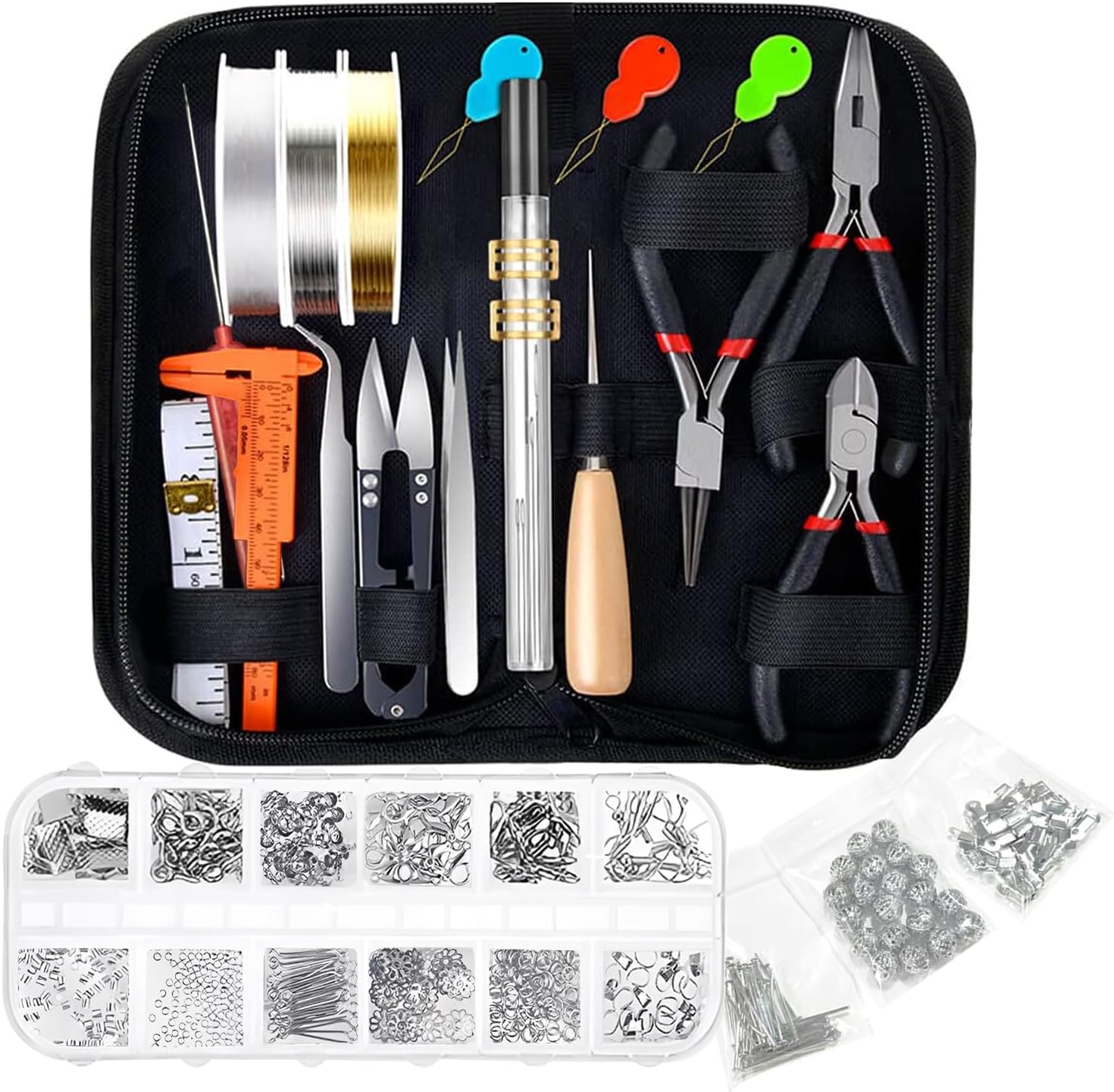 Jewellery Making Tool Kit for Adults, Repair Tools Supplies With Pliers, 15 Kinds Findings, Wires for Ring and Necklace Crafting DIY and Repair