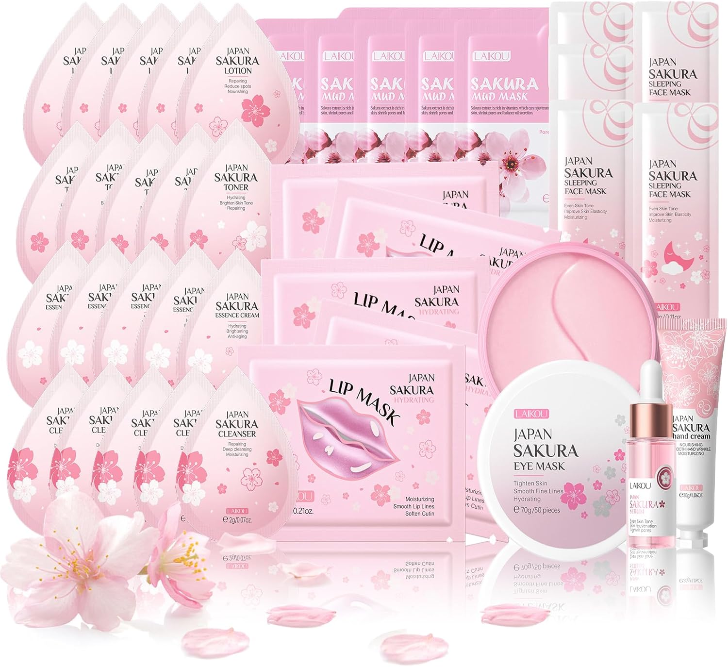 38PCS Skin Care Sets & Kits, Sakura Pamper Gifts For Women, Skin Care For Teenage Girls, Facial Kit, Serum, Hand Cream, Eye Mask, Sleep Mask, Lip Mask, Cleanser, Face Cream, Lotion, Toner, Mud Mask