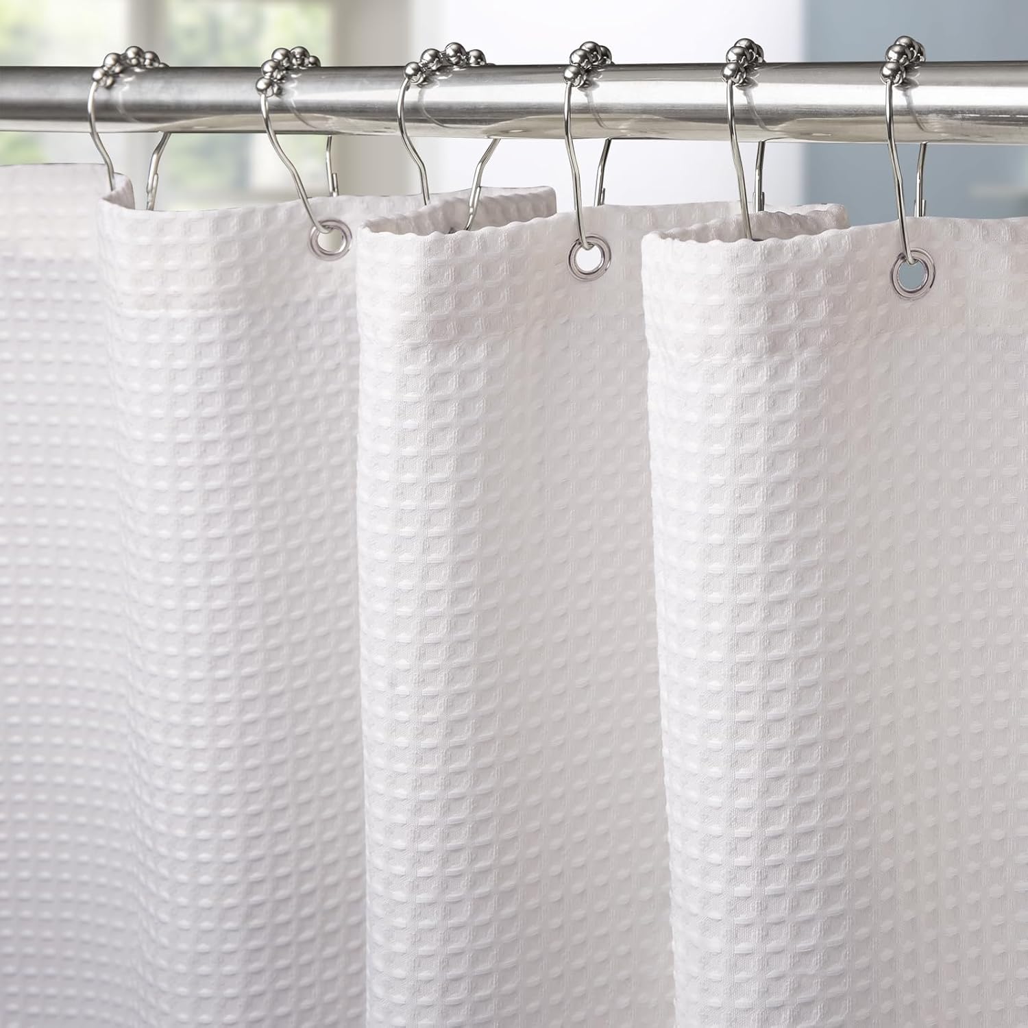 VANZAVANZU Shower Curtain for Bathroom with Metal Hooks Waffle Fabric Shower Curtain Heavy Duty Bath Curtain for Wet Room Bathtub Shower Stall, Weighted Hem, Water Resistant - 92 x 182cm (White)