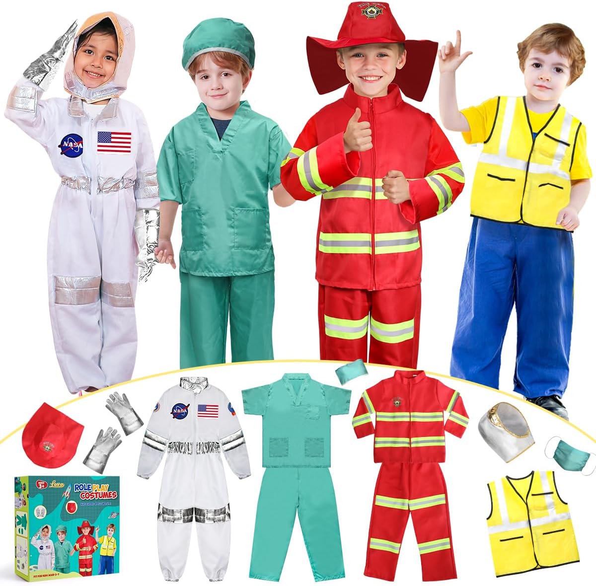 LOYO Kids Role Play Dress Up Clothes for 3-8 Years Old Play, 4 Sets Astronaut/Doctor/Fireman/Construction Costume for Kids And Toddlers Boys Halloween Costumes