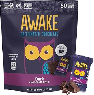 AWAKE - Caffeinated Chocolate Bites - Dark Chocolate, 50 Bites - 50mg Caffeine - Individually Wrapped Energy Bites - Coffee Alternative - Fairtrade, Gluten Free, Non GMO - 0.48oz