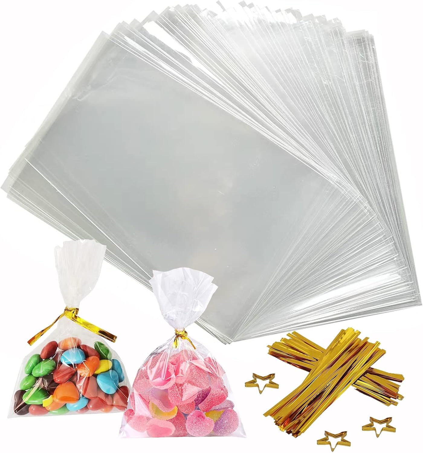 Pack of 200 Cellophane Bags - 4 x 6 Inches Cookie Bags with Colorful Pull Bows for Gift, Bakery, Cookies, Desserts, and Candies