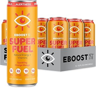 EBOOST Super Fuel Natural Energy Drink - Orange Mango - 12 Pack x 11.5 Fl Oz - Natural Caffeine from Coffee and Green Tea - Essential Electrolytes, Nootropics, and Vitamins - Sports Preworkout Drink