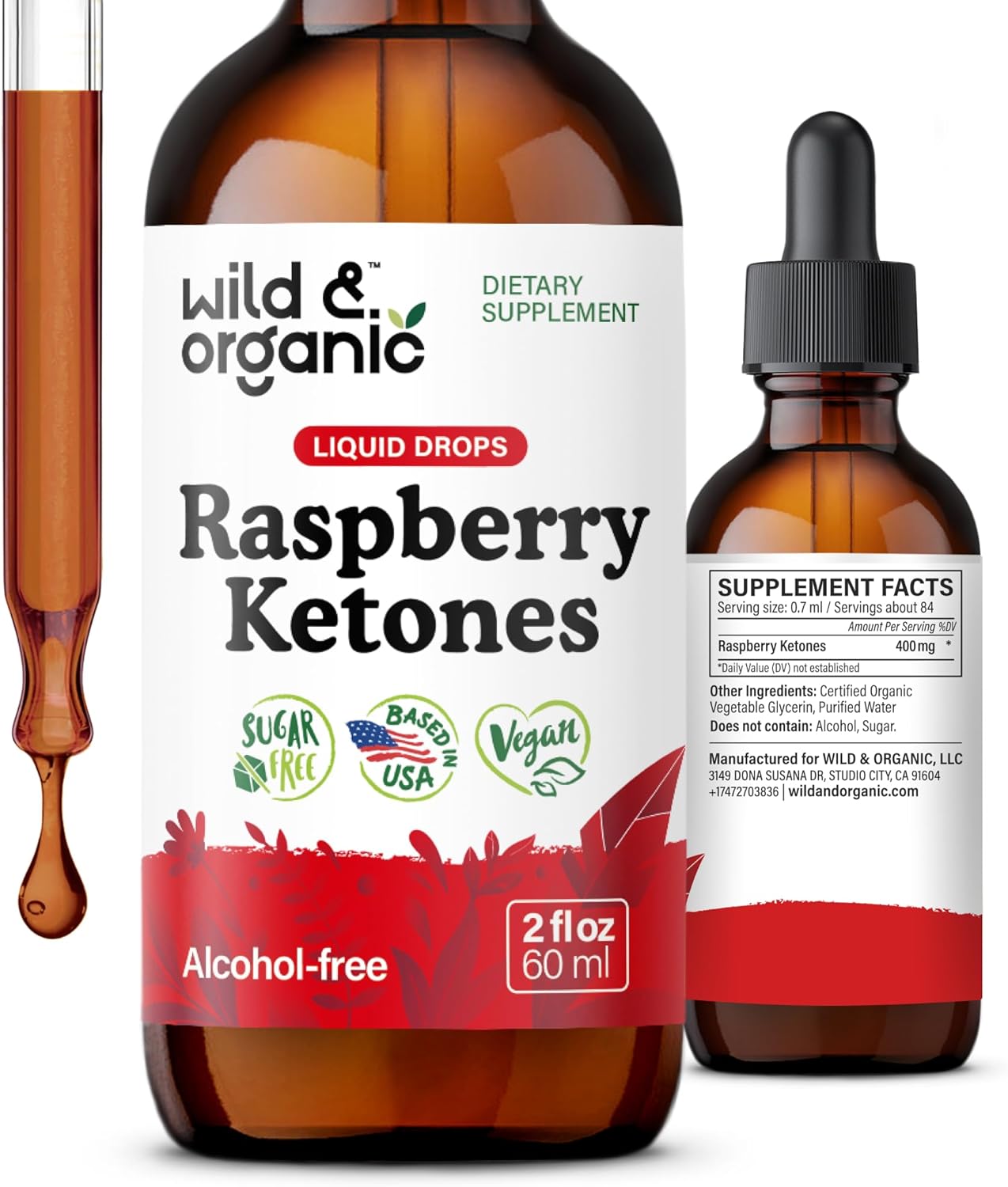 Wild & Organic Raspberry Ketones Extract Tincture - Liquid Raspberry Ketones Supplement - 2-Month Supply - Vegan, Sugar & Alcohol-Free - 2 fl oz
