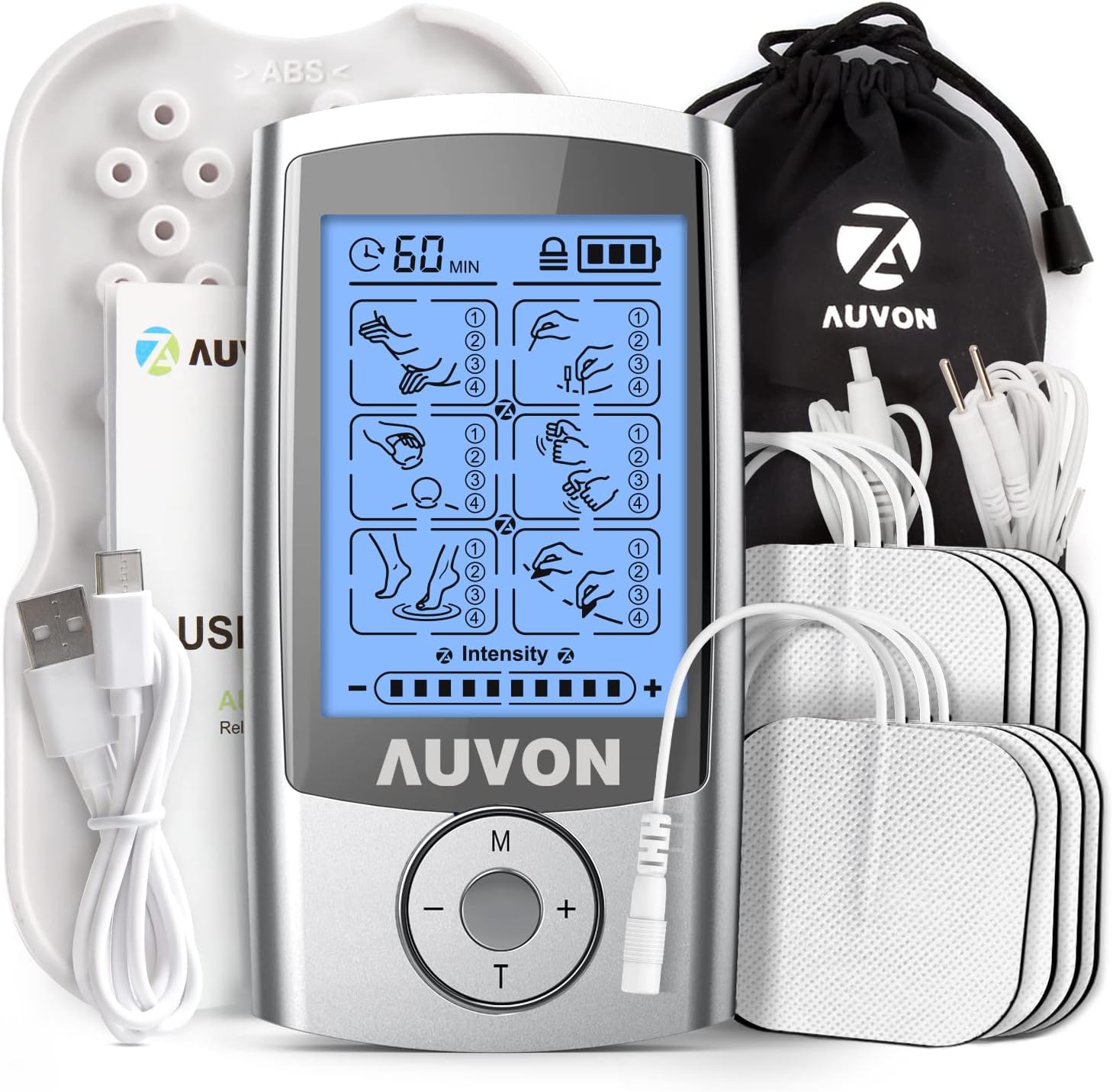AUVON Rechargeable TENS Machine Muscle Stimulator for Pain Relief, TENS Unit with 24 Modes, 8pcs 2" x 2" TENS Machine Pads Replacement