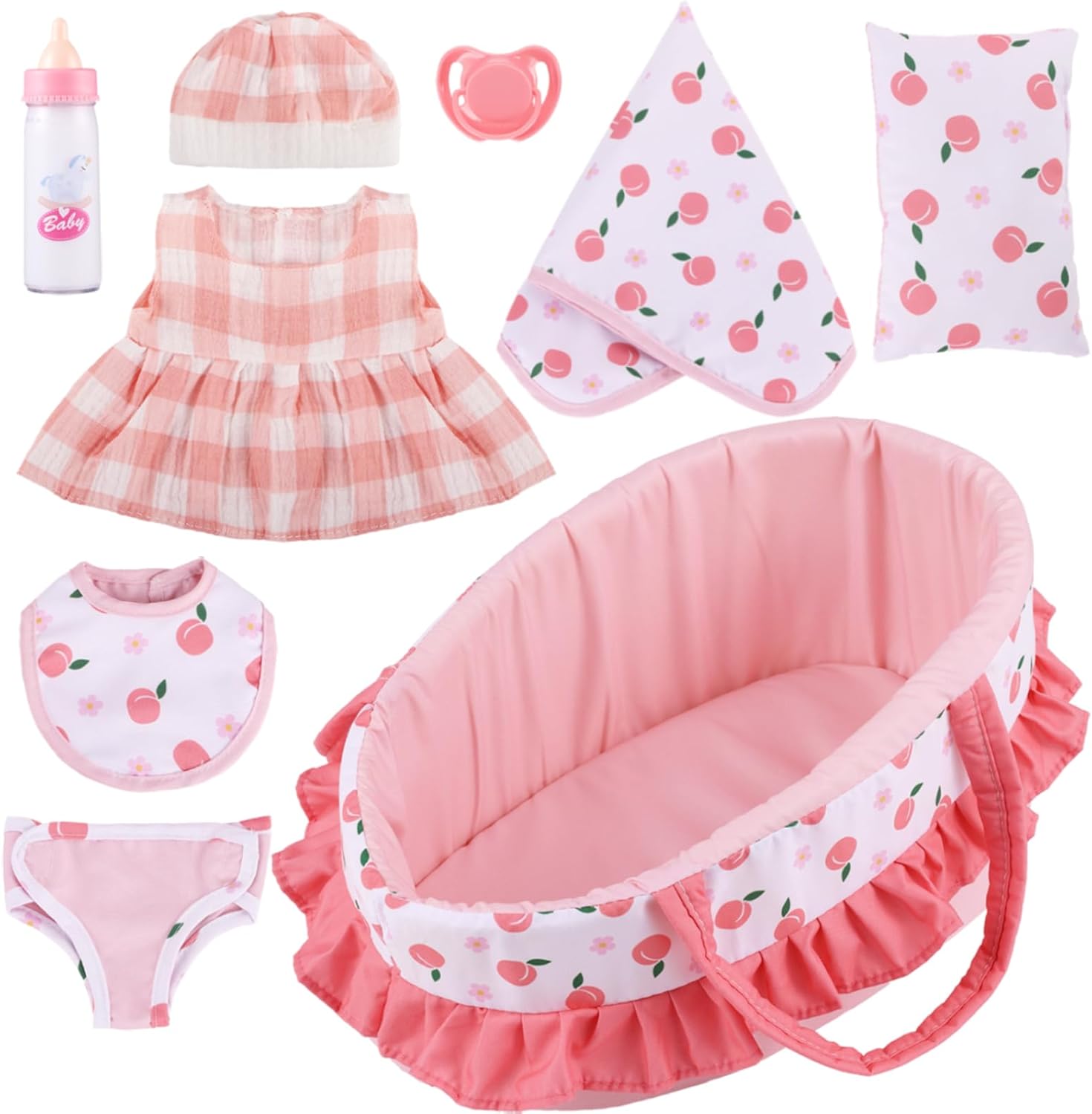 GAGAKU Baby Doll Accessories, 12 Inch Baby Doll Carrier Cot, 30cm Baby Doll Accessories Cot, Including Magic Baby Bottle, Bib, Pacifier, Clothes, Diaper