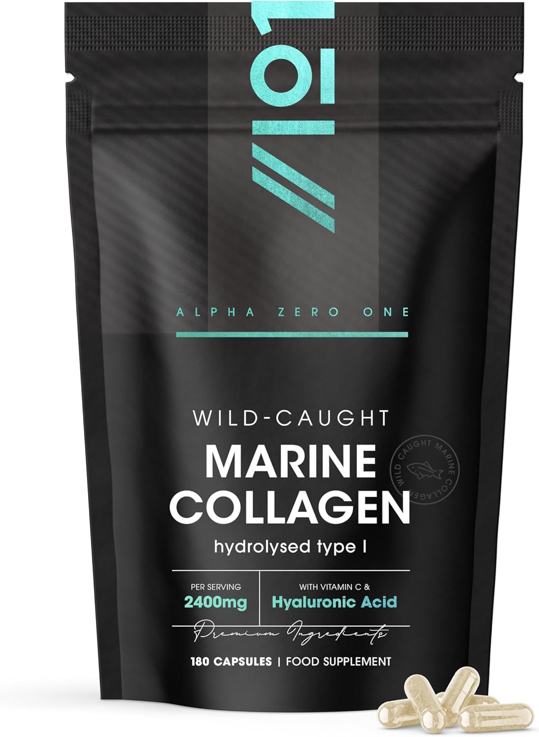 Marine Collagen 2400mg - 180 Capsules - Wild-Caught Type 1 Hydrolysed Marine Collagen Made with Vitamin C & Hyaluronic Acid – Resealable and Recyclable Pouch by Alpha01