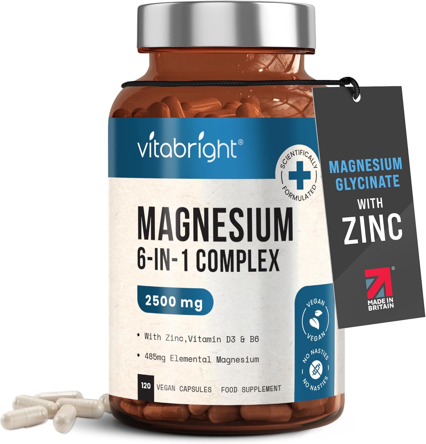 Magnesium Glycinate 6-in-1 Complex 2500mg | 120 Capsules, 485mg Elemental Magnesium Supplements | Malate, Taurate, Citrate High Strength Tablets + Zinc, Vitamin D3, B6 | Sleep & Tiredness | VitaBright