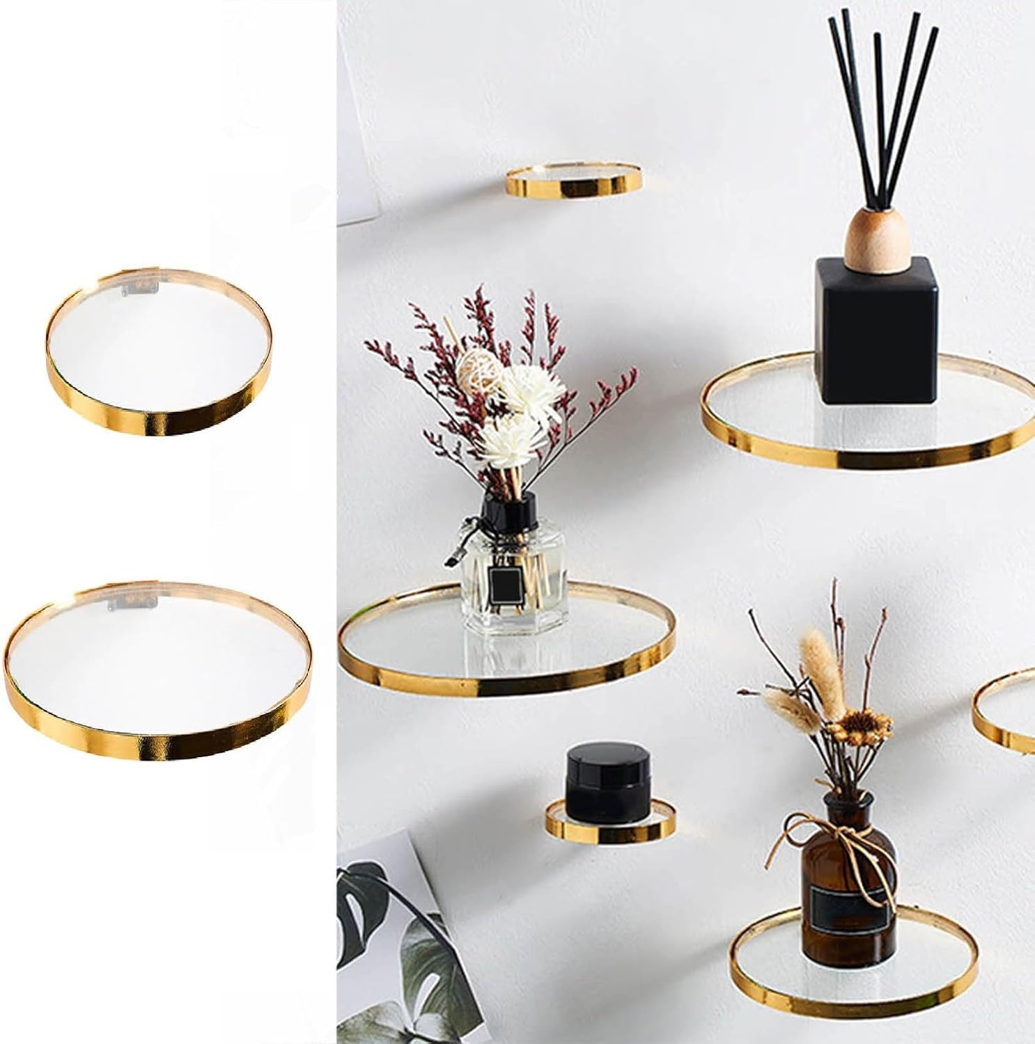 Sbyhbhyds Glass Floating Shelves for Wall,Round Display Metal Ledge Wall Mounted Shelf for Storage Organizer,Bathroom Living Room Kitchen Bedroom Decor,Decorative Modern Home Rack (11cm, One Size)