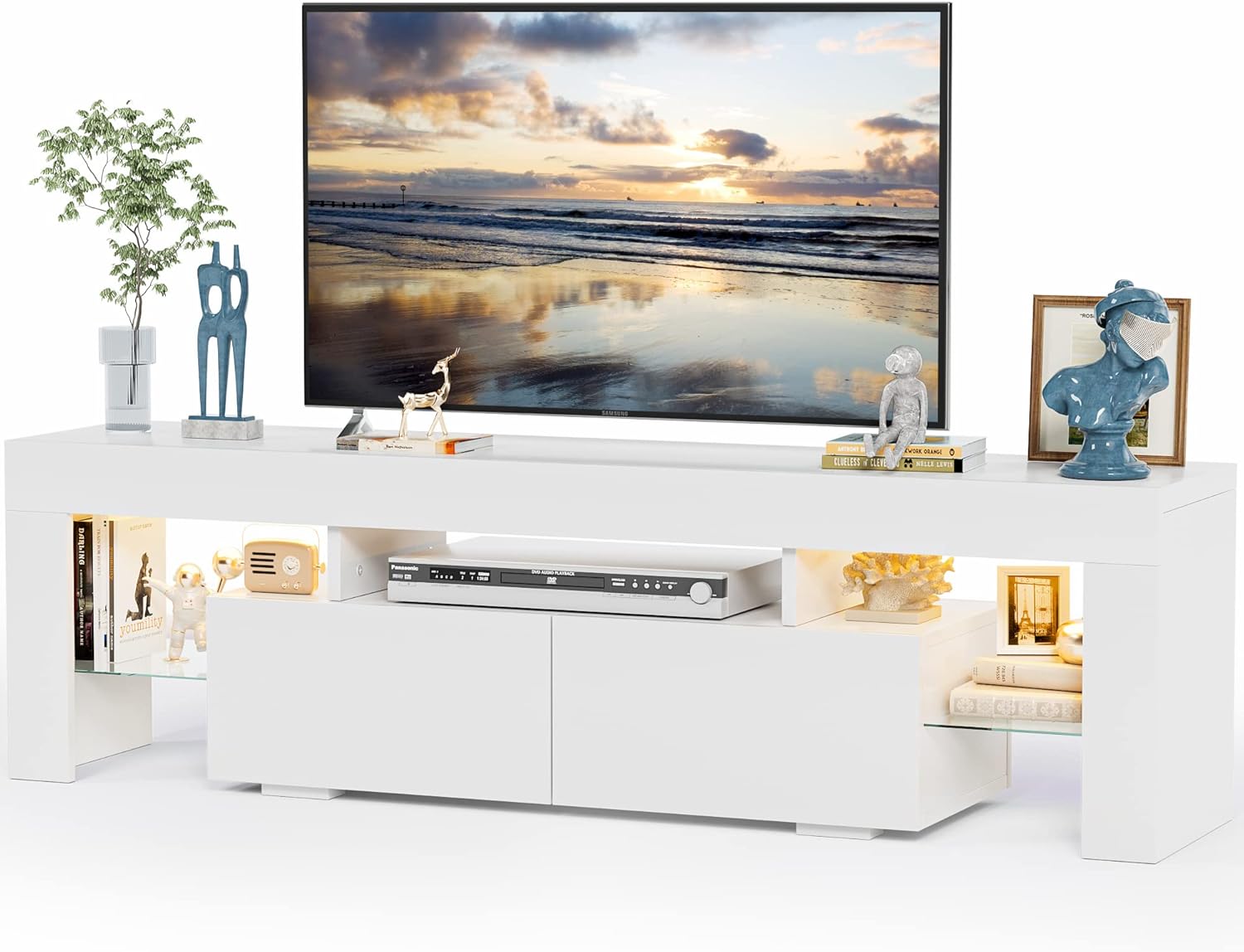 JUMMICO TV Stand, Modern Lighting TV Cabinet Entertainment Center Media and Open Shelf, TV Console Table with 1 Drawer and Remote Control, 20 Color LED Lights up to 70 Inch TV (White)