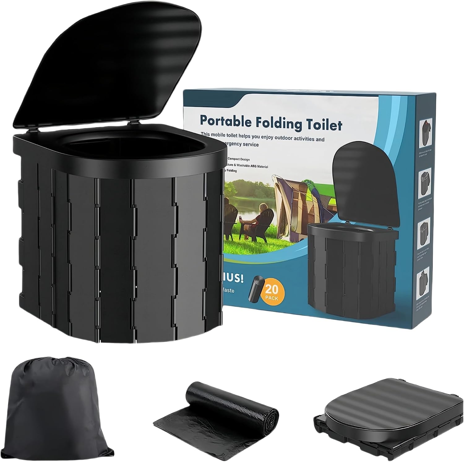 Collapsible Portable Toilet for Adults - Extra Tall Camping and Travel Toilet with Lid and Carry Bag for Car Emergencies (20 Cleaning Bags)