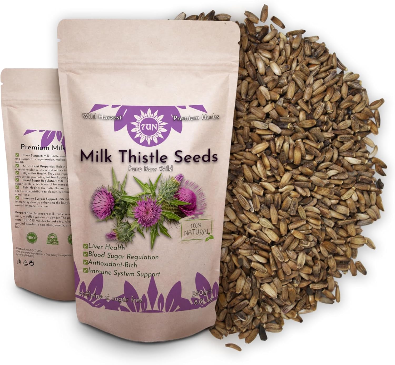 Premium Milk Thistle Seeds 250g – 100% Pure, Raw, Wild, Non-GMO – Supports Liver Health, Detoxification, and Antioxidant Protection – Ideal for Teas and Tinctures