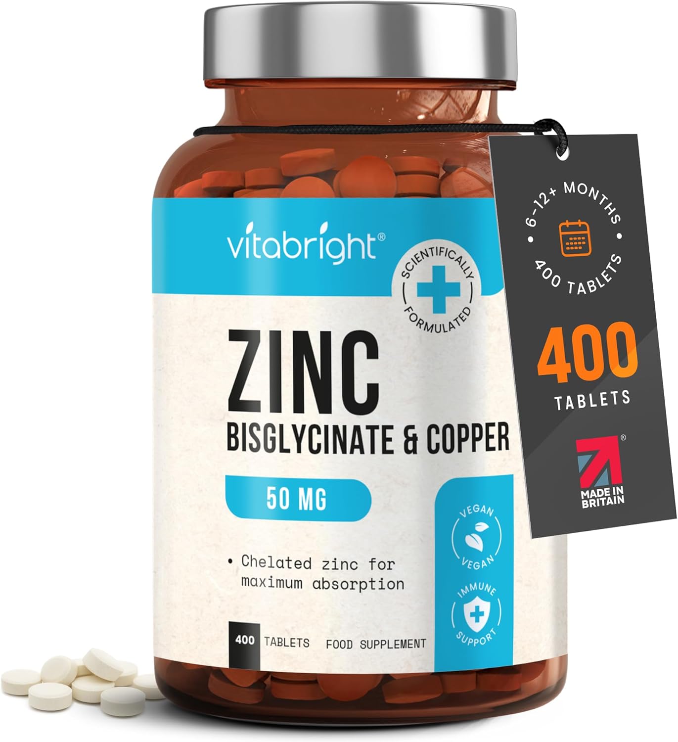 Zinc Supplements with Copper | 50mg Daily | 400 Zinc Tablets | 6+ Months | Zn Bisglycinate for Men & Women | High Absorption, High Strength Zink and Copper Supplement | Made in UK | VitaBright