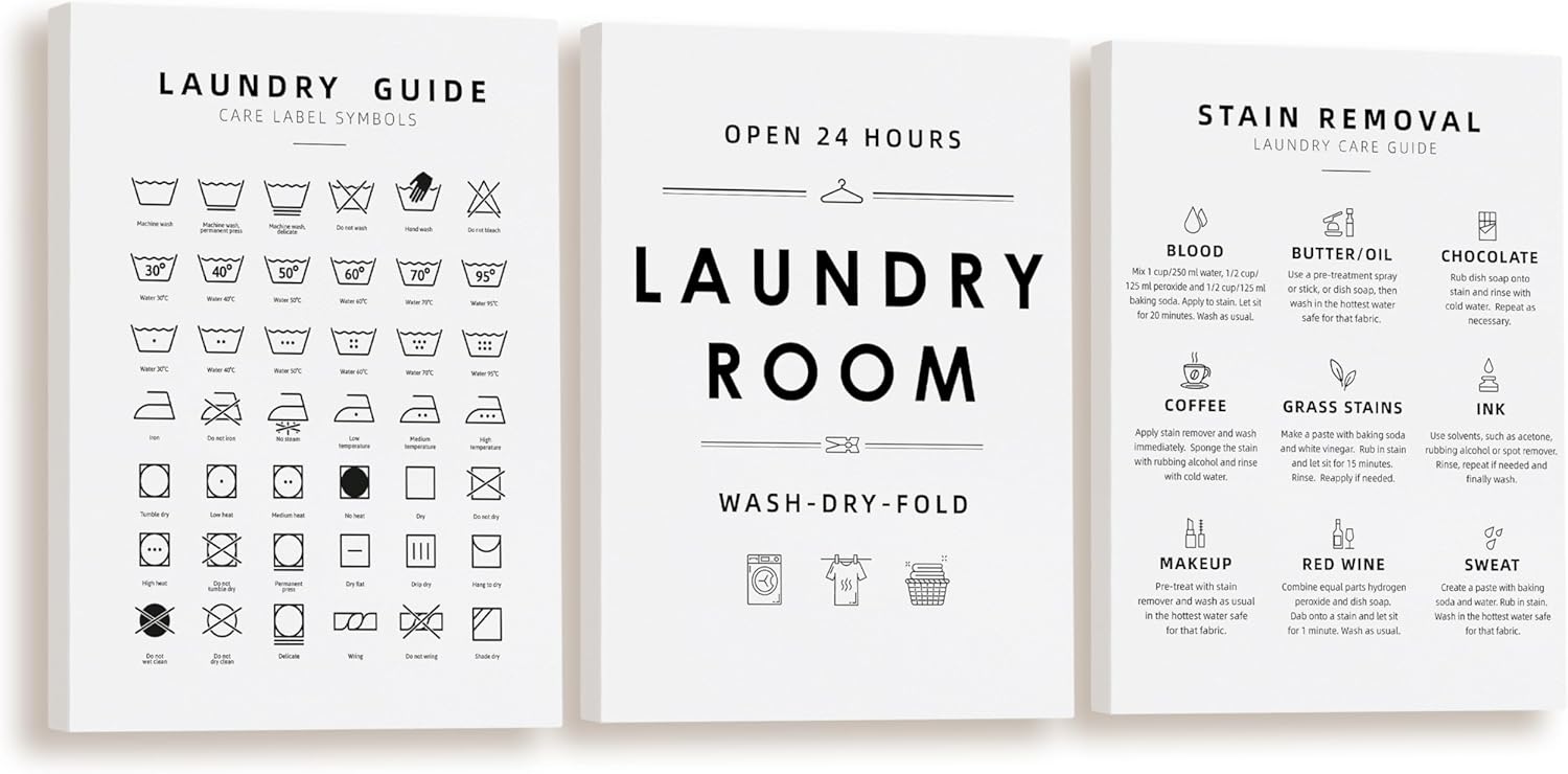 BIWSHA Laundry Room Decor, Laundry Room Sign Wall Art, Laundry Symbols Wall Decor, Laundry Symbols Wall Art Signs for Home Drom Laundromats, 11x14 Inch White