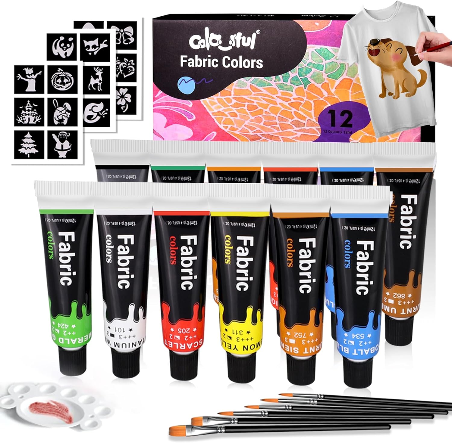 Colorful Fabric Paint Set for Clothes 12 Colors - Permanent Textile Paint Kit for Shoes, Canvas - Non-Toxic Slick Painting Set for Adults, Beginner & Artists