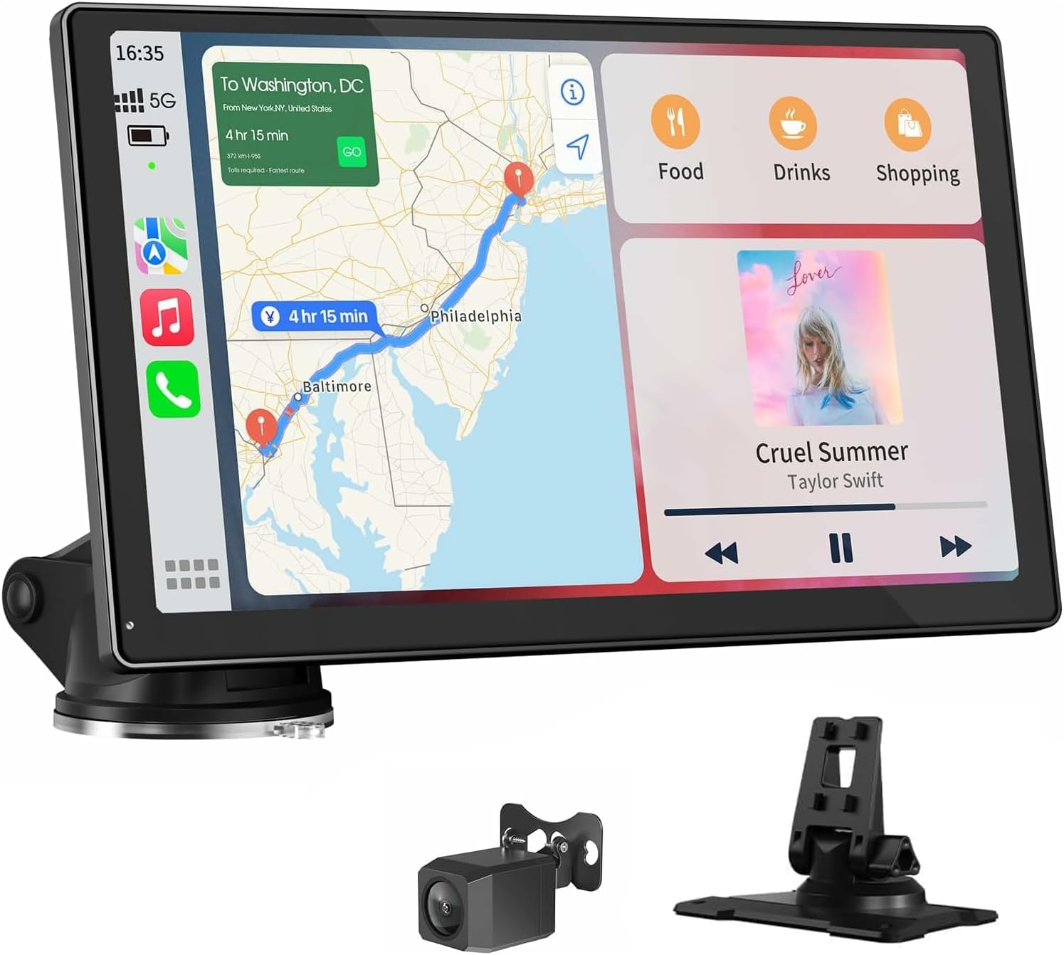 9'' Wireless Portable Apple Carplay Screen for Car & Android Auto with Backup Camera, GPS Navigation, Car Audio Receivers, Bluetooth Handsfree Call/Music, Mirror Link, Voice Control, AUX/FM