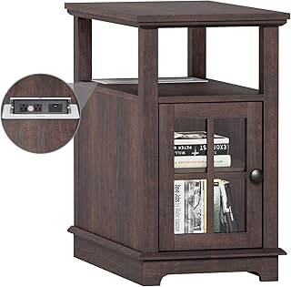 HIFYOBRO Narrow End Table with Flip Top Charging Station, Storage Side Table, Adjustable Shelf, Type-C & USB Port & Power outlets, Narrow Table with Storage for Living Room and Bedroom