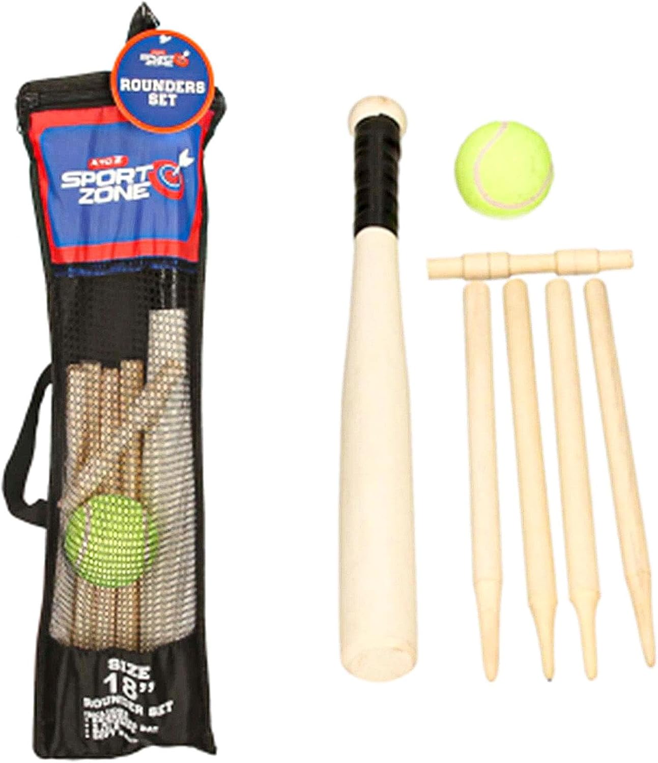 A2Z 4 Kids 6 Piece Wooden Rounders Set Non-Slip Handle Rounders Kids Active Sports Rounders Kit Outdoor Garden Family Kids Game Play Toy Soft Baseball Bat Soft Grip Rounders With Mesh Carry Bag