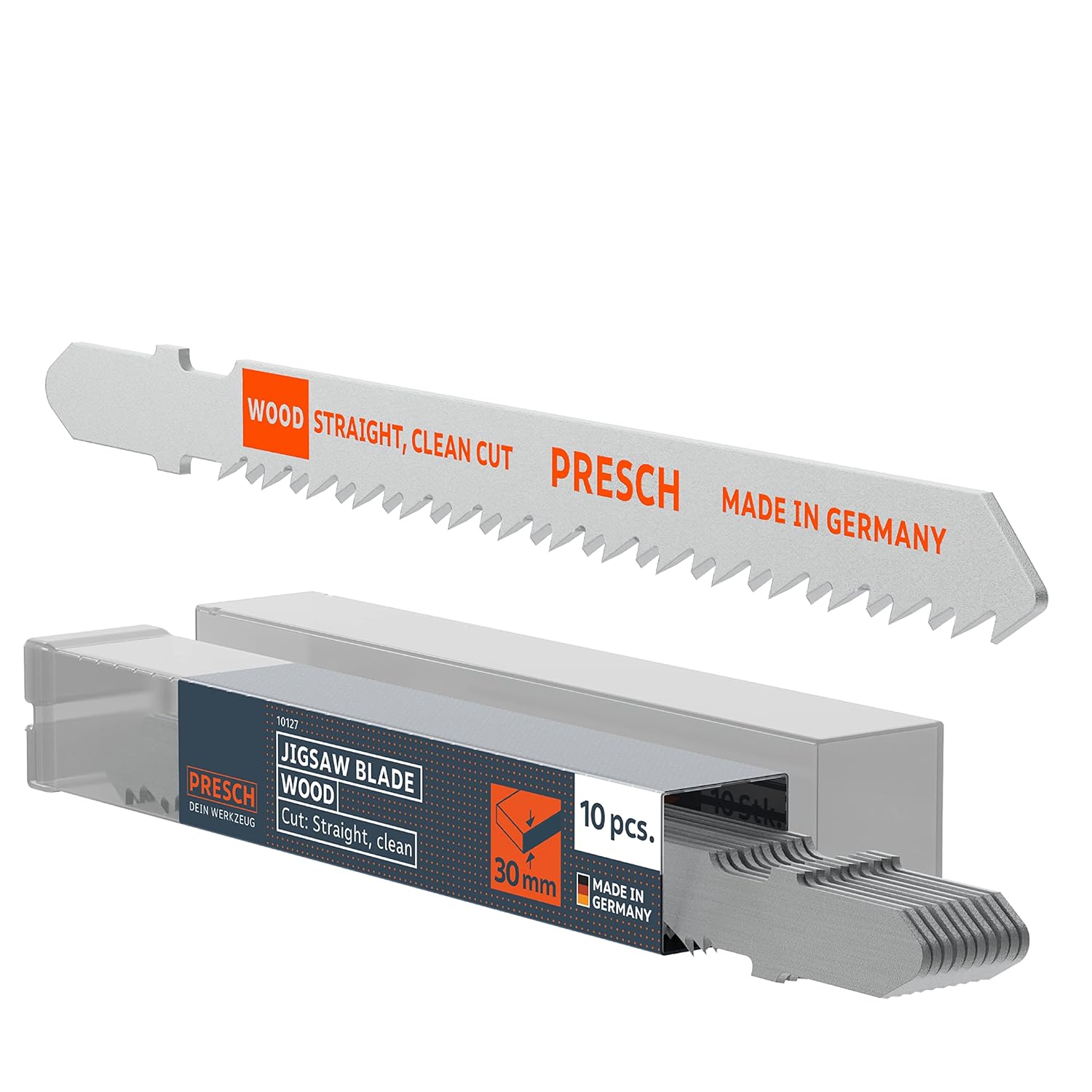 Presch Jigsaw Blades Wood 10 pcs. - Very Clean, Straight Edges (3-30mm) - Durable T Shank Saw Edges for All jigsaws - Fine Saw Edges for chipboard Sheets, softwood, MDF and More